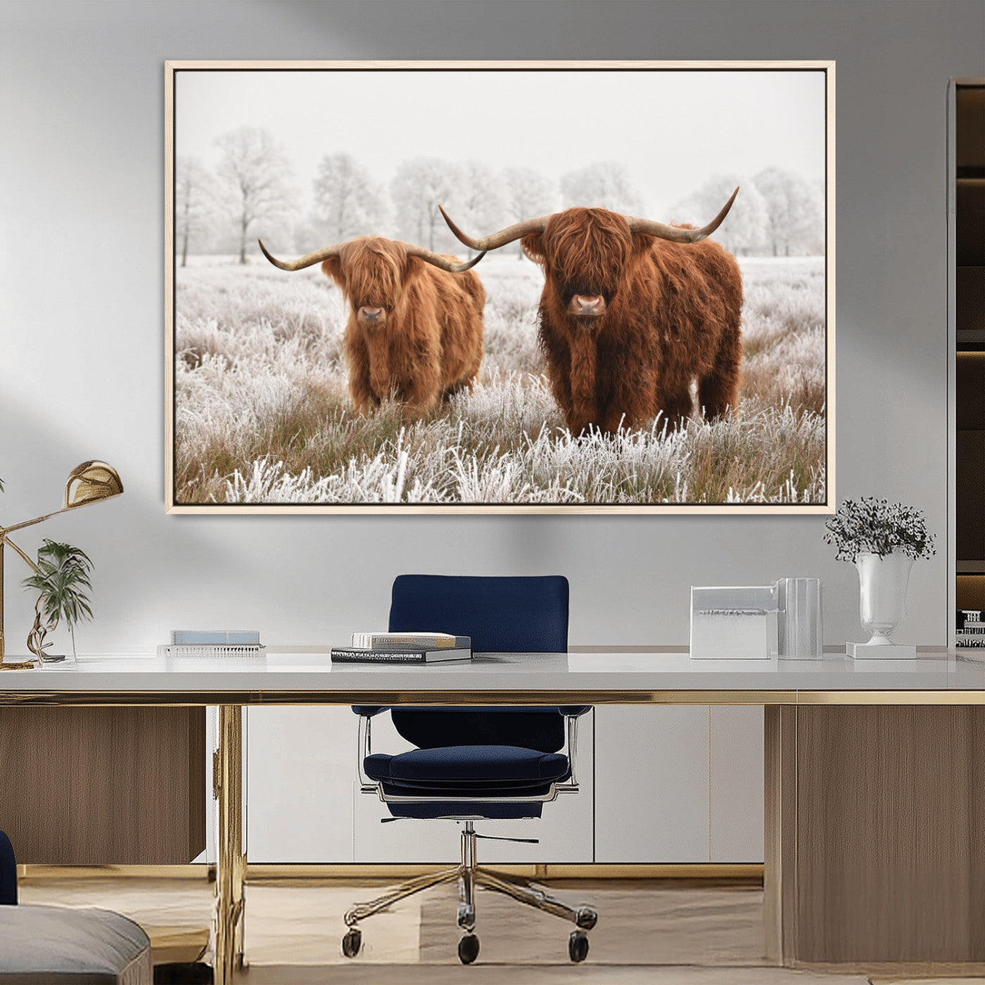 MGV-FC-36X24 - Longhorn Cattle Wall Art Canvas Print, Framed Farmhouse Style Art Picture Print, Rustic Cow Perfect Rustic Farmhouse Decor Artwork