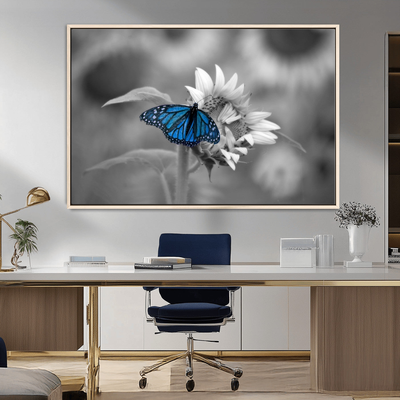 MGV-FC-36X24 - Blue Butterfly Black and White Canvas Wall Art
