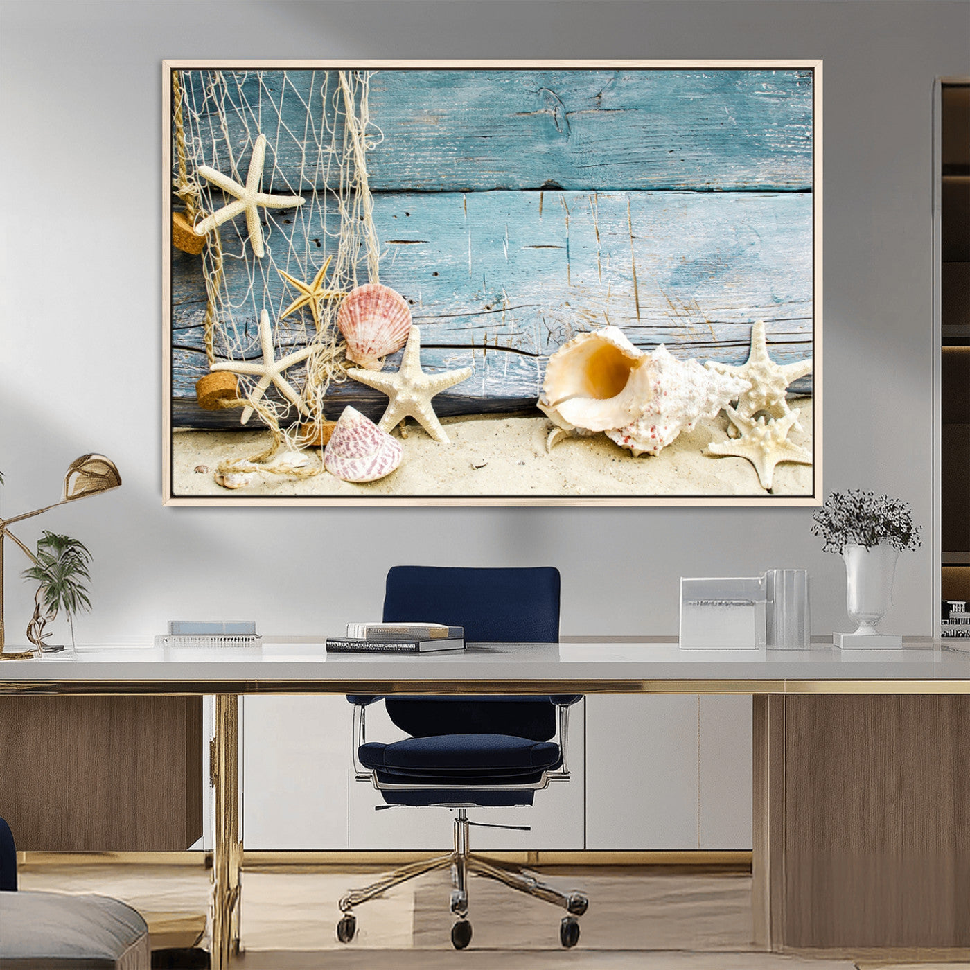 MGV-FC-36X24 - Seashells on Rustic Wooden Background, Seashells Wall Art Canvas Print