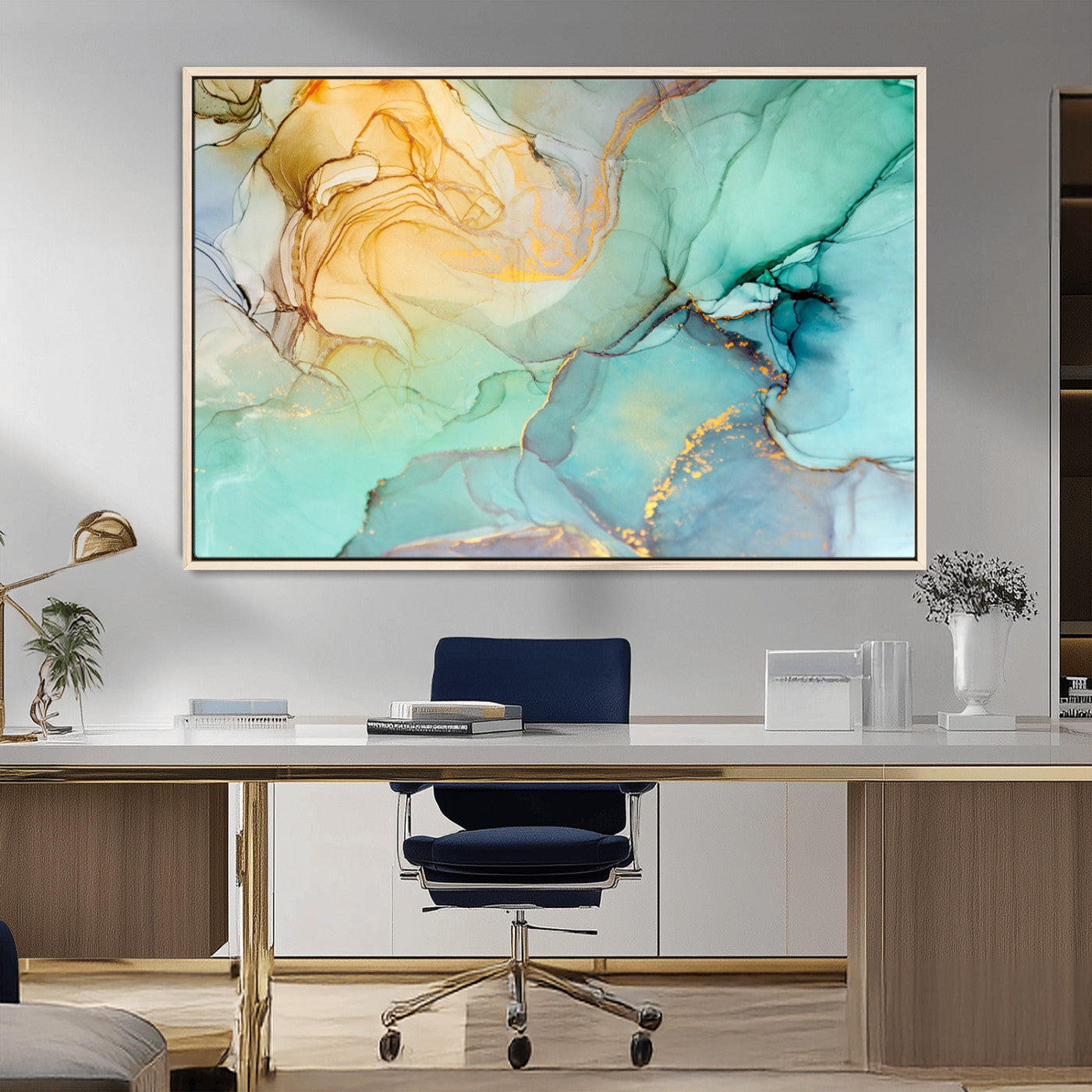 MGV-FC-36X24 - Abstract Aqua and Gold Fluid Wall Art Canvas | 3 Panel Large Canvas Print for Living Room, Office,