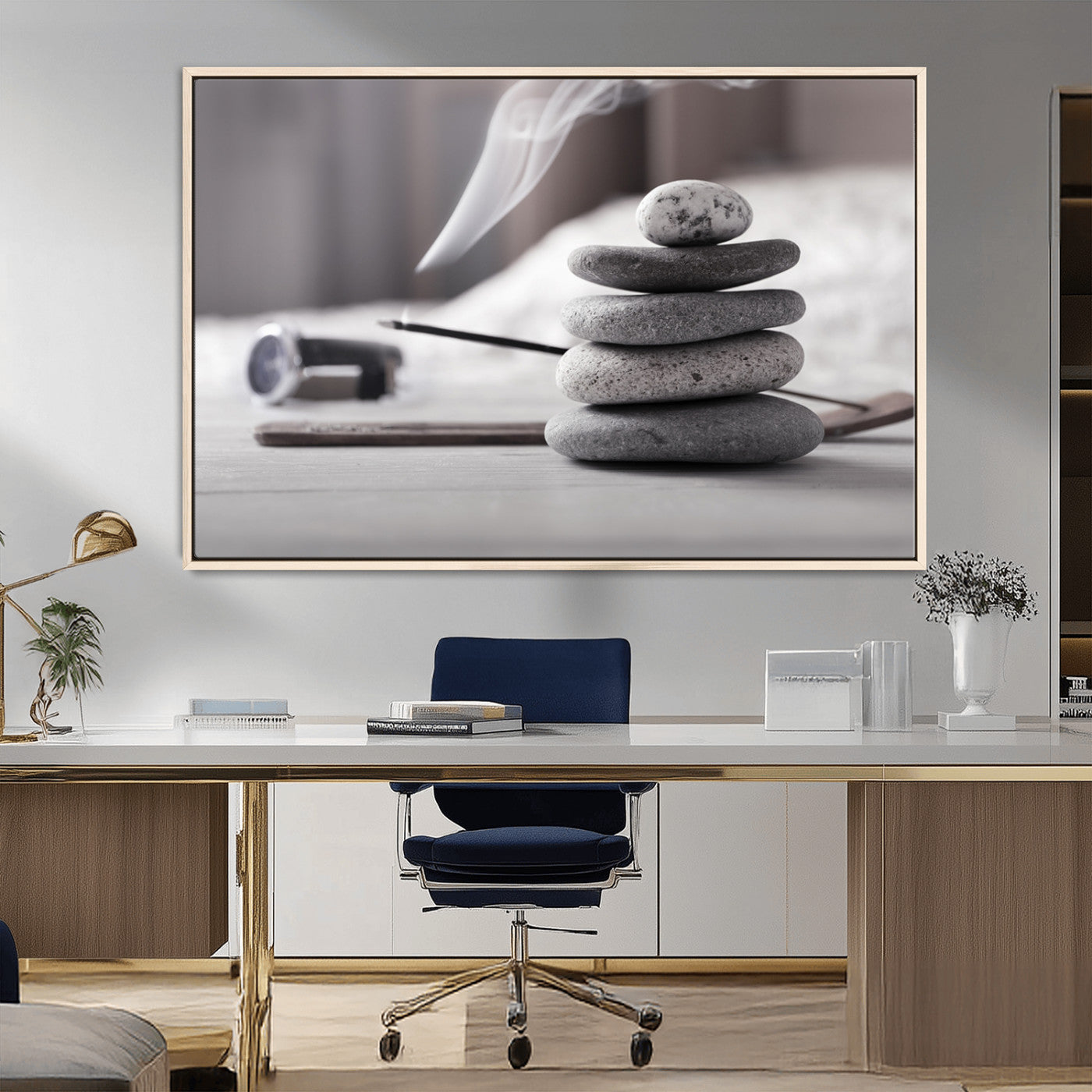 MGV-FC-36X24 - Burning Incense and Zen Stones Buddhism Wall Art, Zen Stones Wall Art Canvas Print