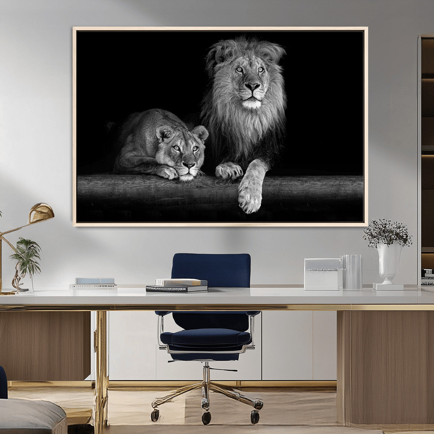 MGV-FC-36X24 - Large Black and White Lion Couple Wall Art Canvas Print
