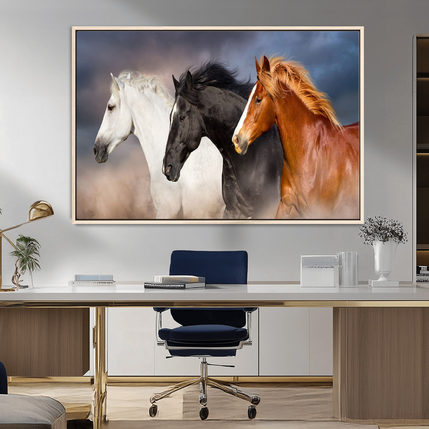 MGV-FC-36X24 - Animal Wall Art Three Horses Farmhouse Art Canvas, Framed Three Horses Canvas Print