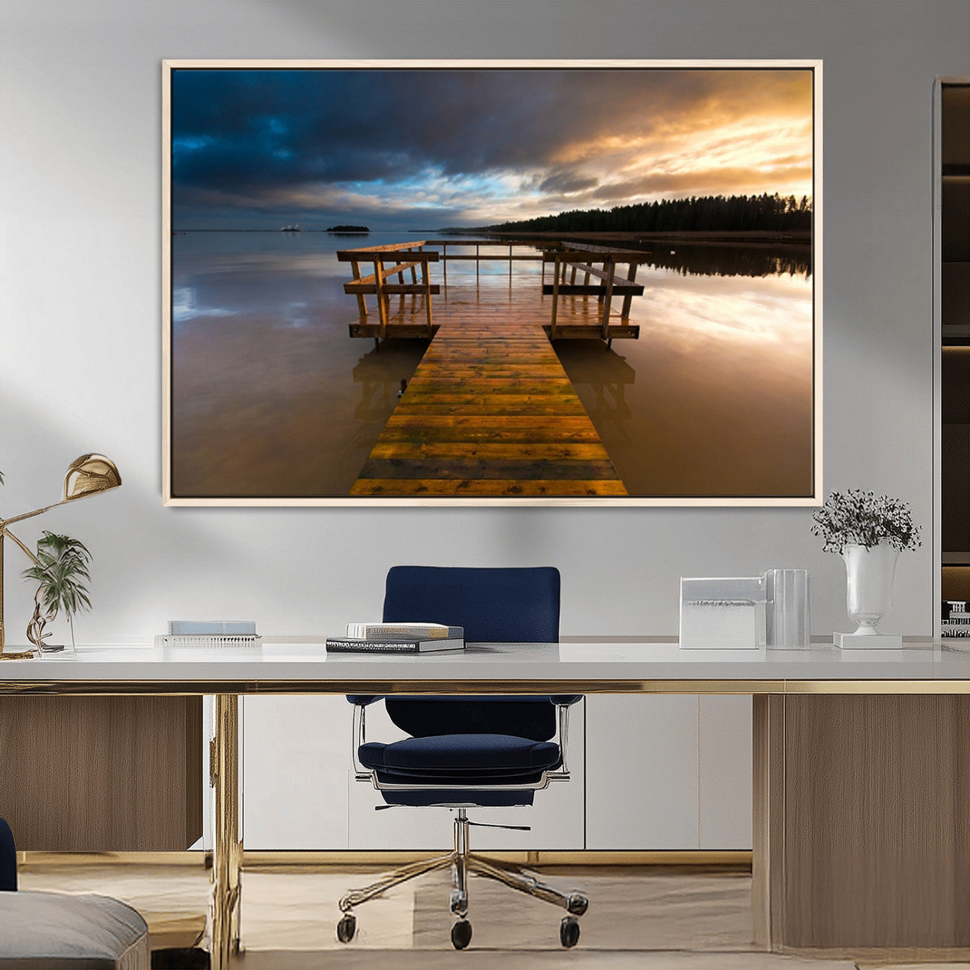 MGV-FC-36X24 - Serene Lake Pier at Sunset Canvas Print | Landscape Canvas Print | Ready to Hang and Framed Wall Art