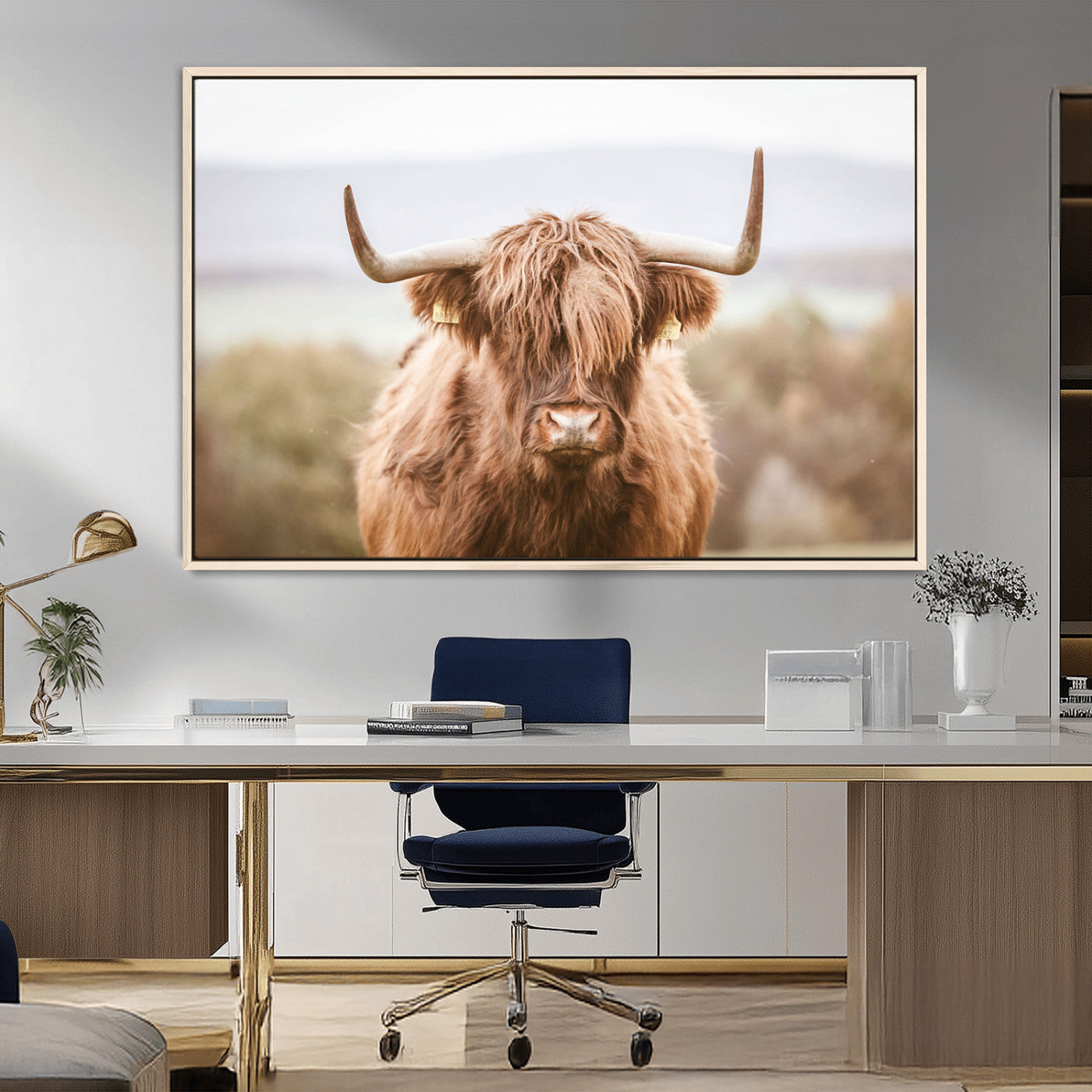 MGV-FC-36X24 - Scottish Serene Highland Cow Canvas Wall Art – Serene Highland Cow in Natural Pastel Tones – Ready