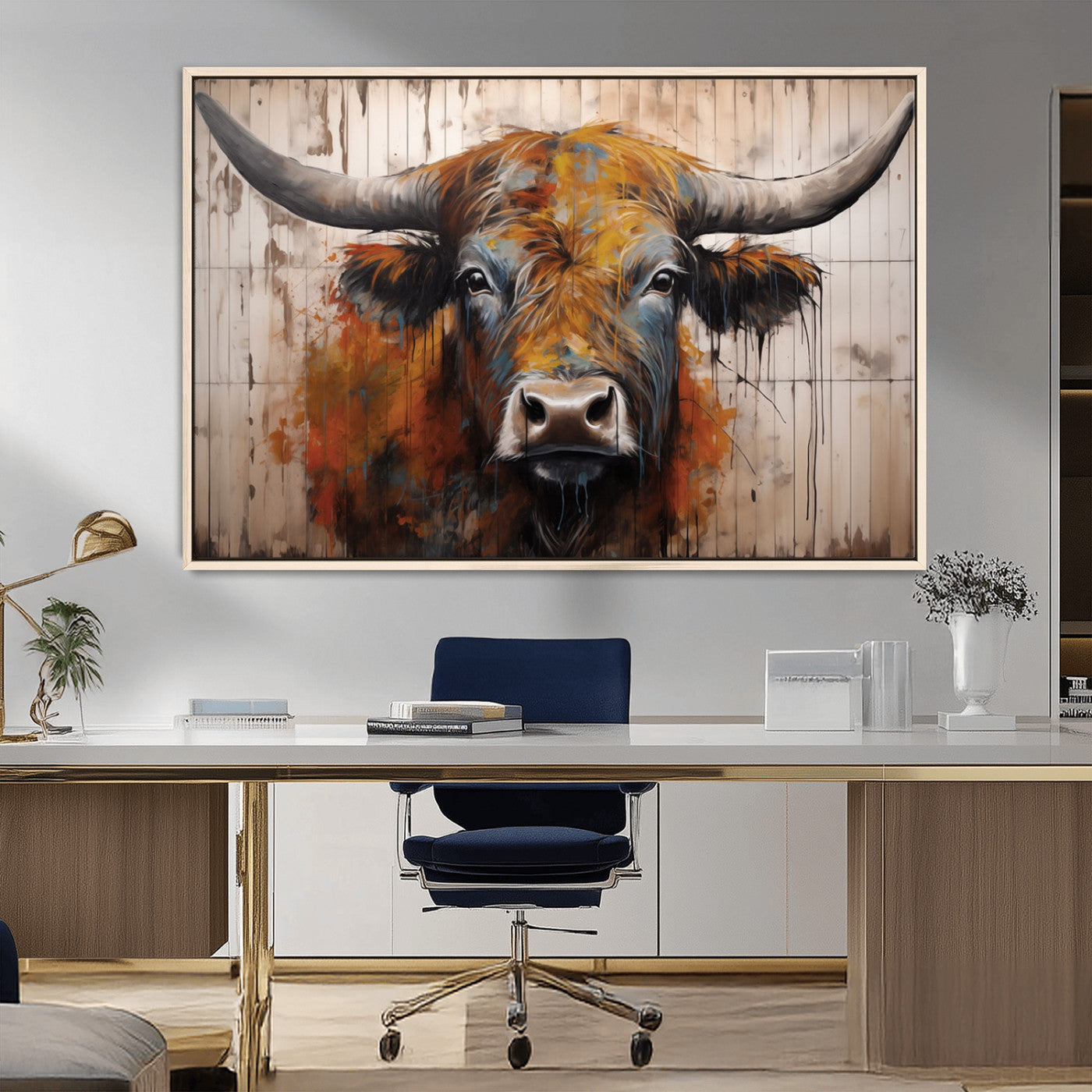 MGV-FC-36X24 - Abstract Bull Highland Cow Canvas Wall Art Print – Vibrant Rustic Charm in Modern Farmhouse Decor –