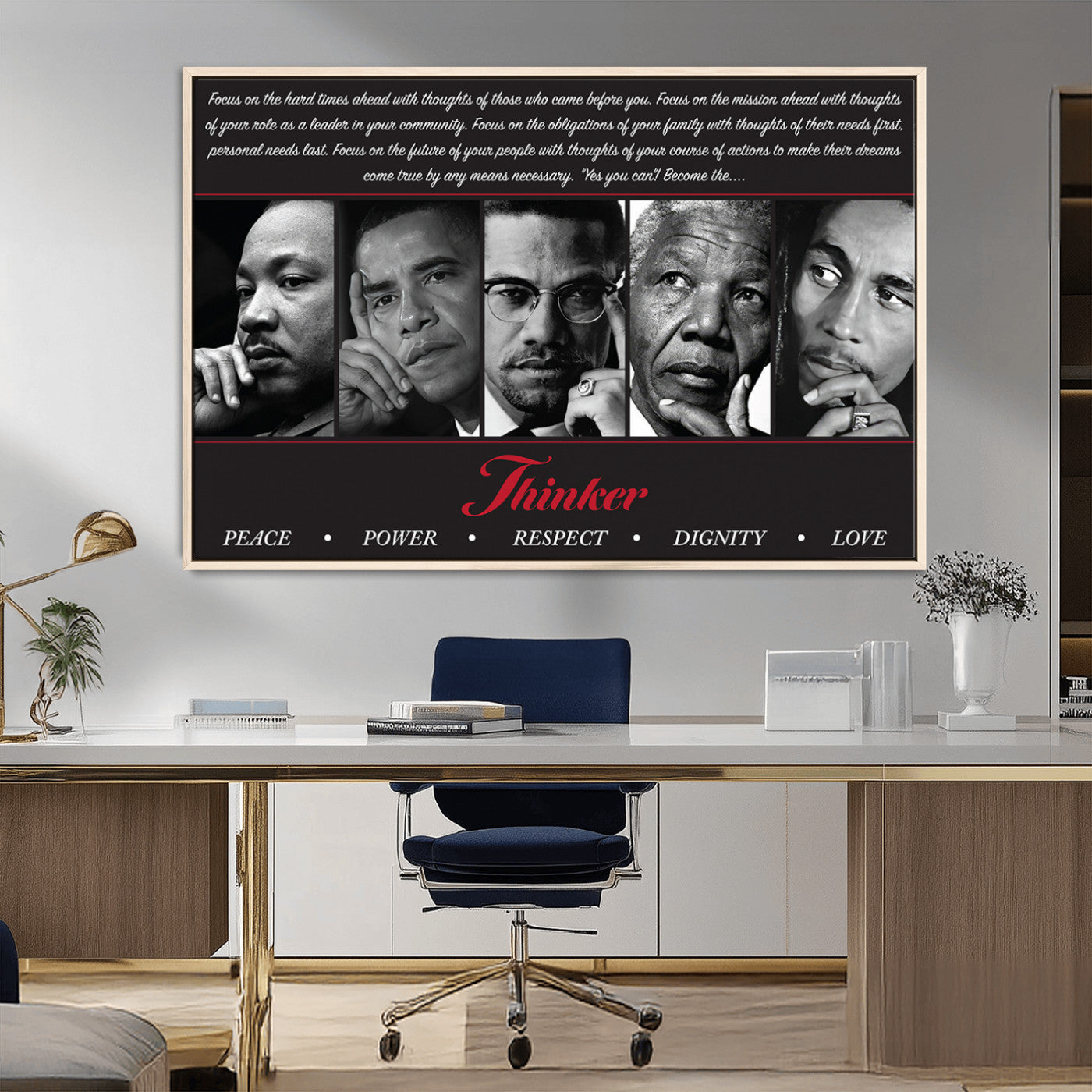 MGV-FC-36X24 - Thinker Quintet Canvas Wall Art – Martin, Obama, Malcolm X, Mandela, Marley Featuring Peace, Power,