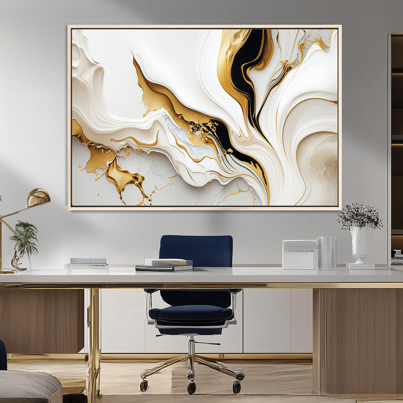 -Gold Waves on Pure White Canvas – Gold Abstract Art for Modern Interiors | Wall Art Canvas, Framed &