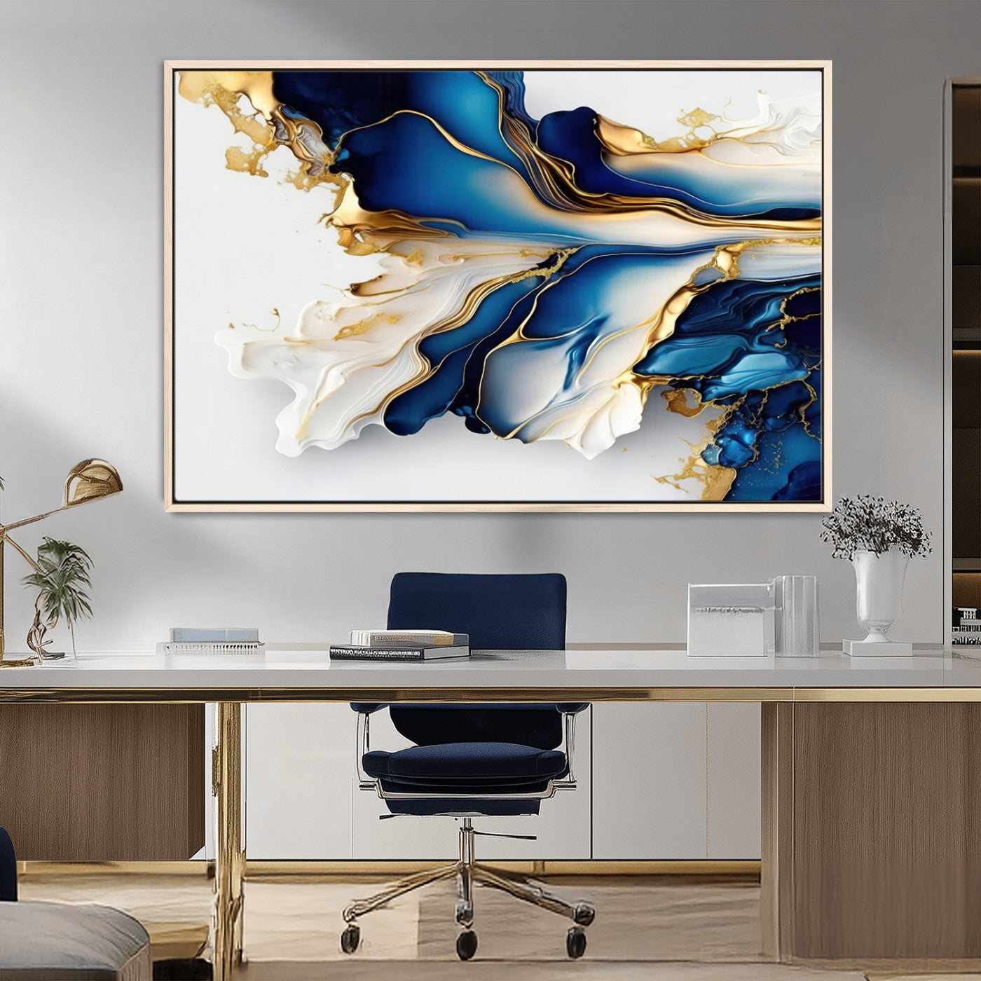 MGV-FC-36X24 - Gold Marble Art - Abstract Geode Gold And Blue Marble Shape 3 Pieces Wall Art Canvas Print
