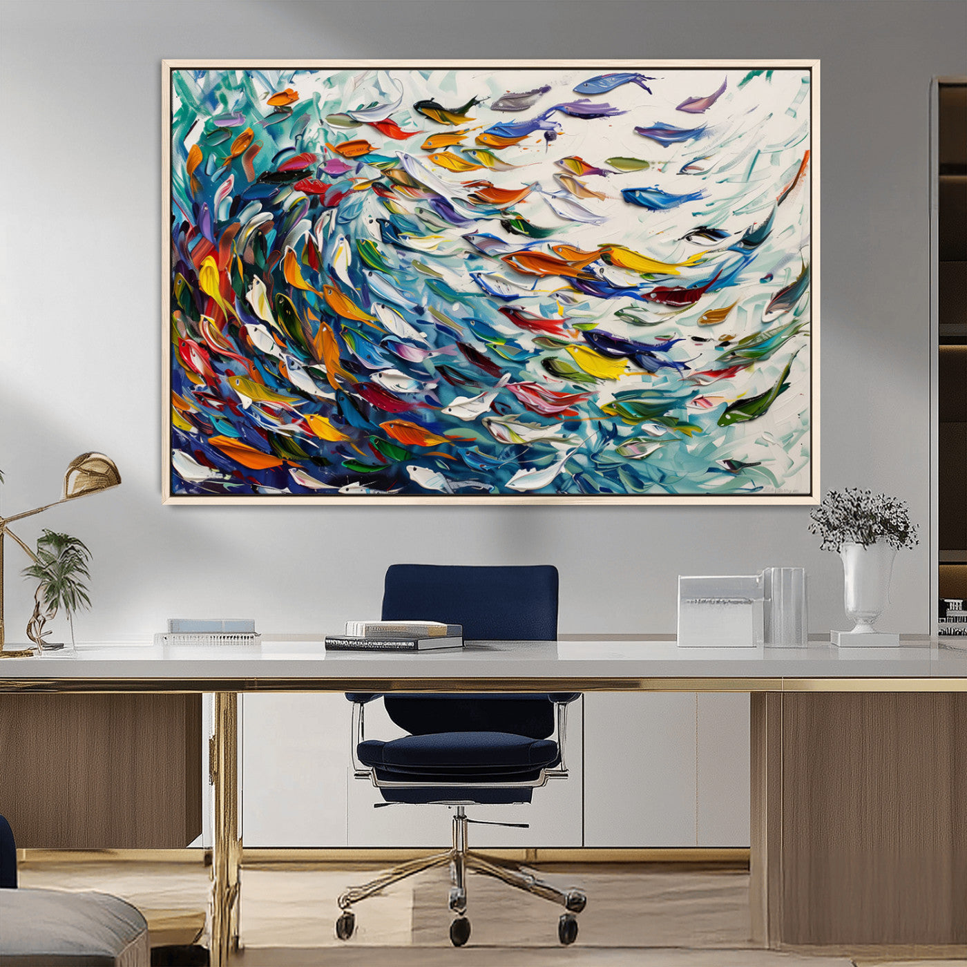 MGV-FC-36X24 - Modern Abstract Fish Shoal Wall Art Canvas Print, Colorful Fish Herd Painting on Canvas Print, Ocean