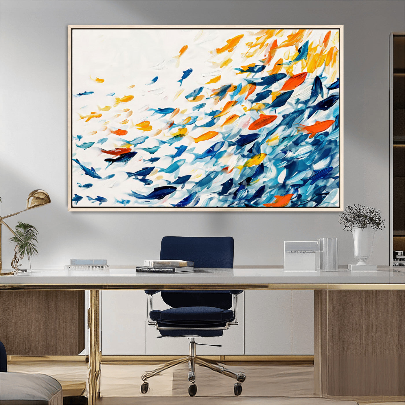 MGV-FC-36X24 - Abstract Fish Shoal Wall Art Canvas Print, Colorful Fish Herd Painting on Canvas Print, Ocean Animal