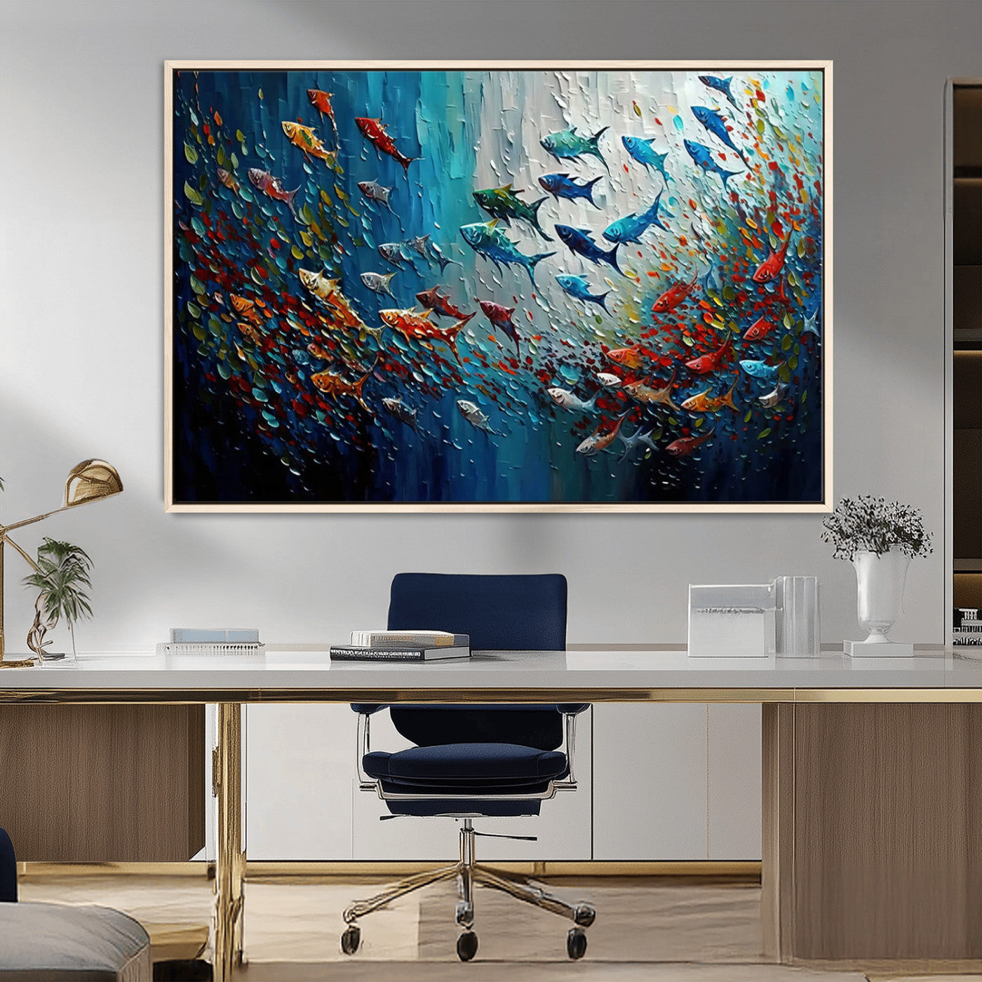 MGV-FC-36X24 - Modern Abstract Fish Shoal Wall Art Canvas Print, Colorful Fish Herd Painting on Canvas Print, Ocean