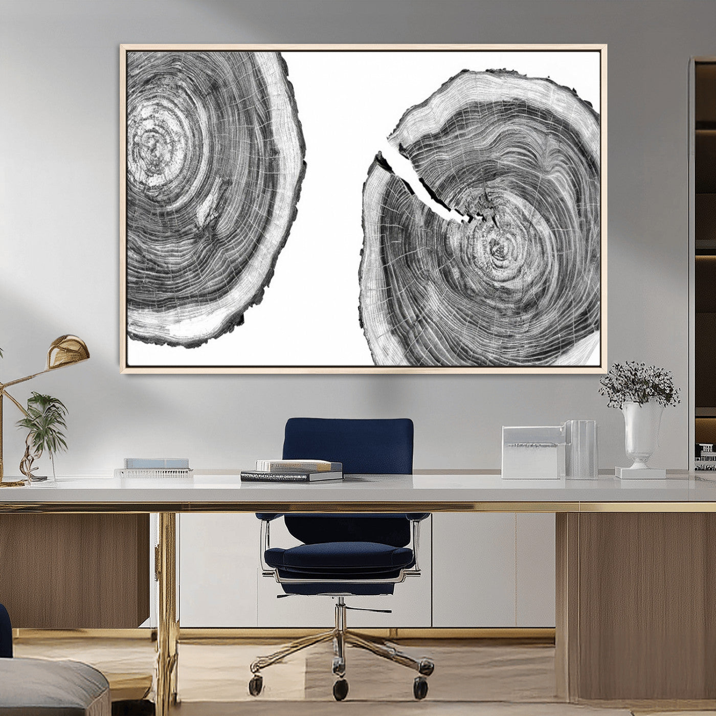 MGV-FC-36X24 - Modern Black and White Tree Rings Canvas Wall Art – Nature Inspired Wood Slice Print – Minimalist