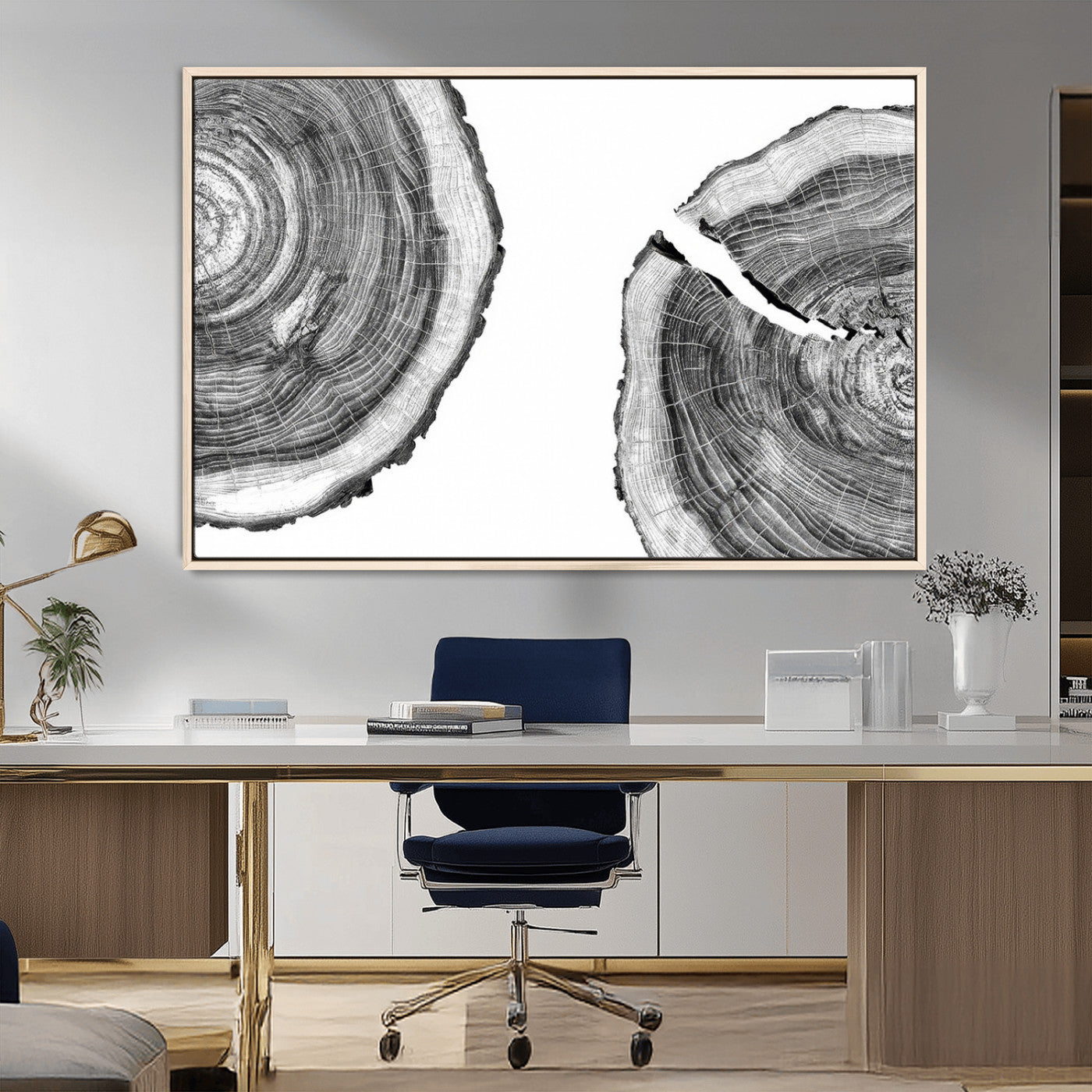 MGV-FC-36X24 - Abstract Large Tree Rings – Minimalist Black and White Wood Art | Triptych Canvas, Modern Wall Decor
