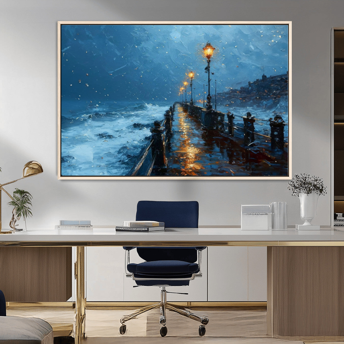 MGV-FC-36X24 - Stormy Night at Beach Pier Oil Painting Large Wall Art Print, Framed Canvas Nature Wall Decor,