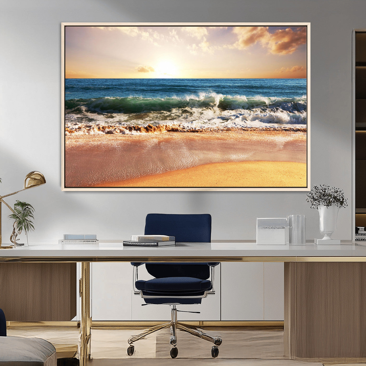 MGV-FC-36X24 - Sunset Beach Wall Art - 3-Panel Framed Canvas Print, Ready to Hang Ocean Sunset for Coastal and