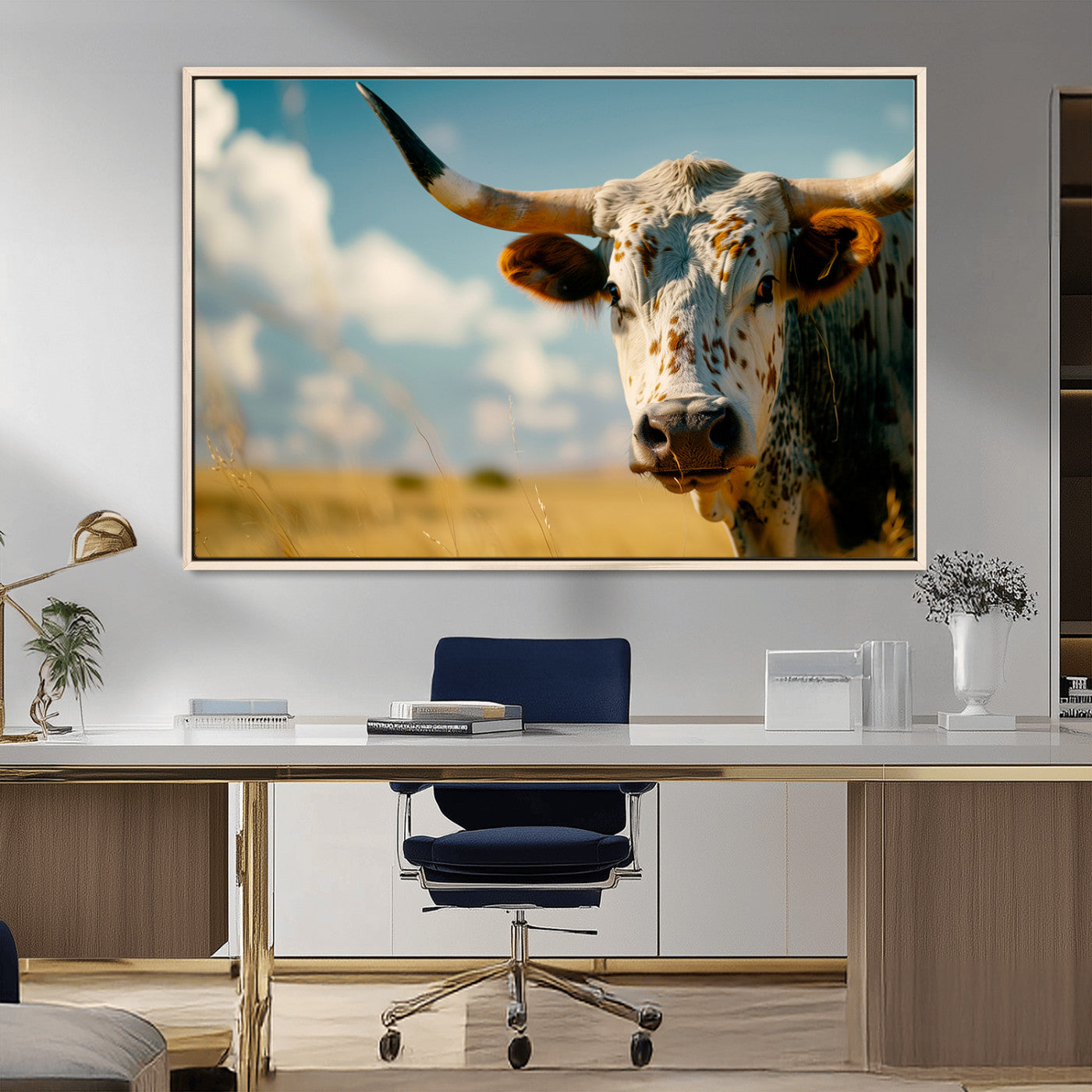 MGV-FC-36X24 - Longhorn in the Prairie - Stunning Ranch-Style Triptych Wall Art for Western Home Decor, Cowboy Wall