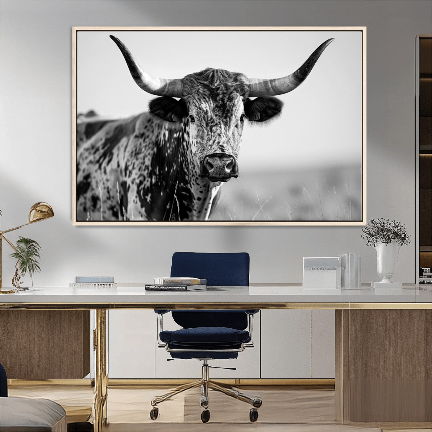 MGV-FC-36X24 - Texas Highland Cow Longhorn Canvas Print - Rustic Farmhouse Wall Art - Large Texas Longhorn