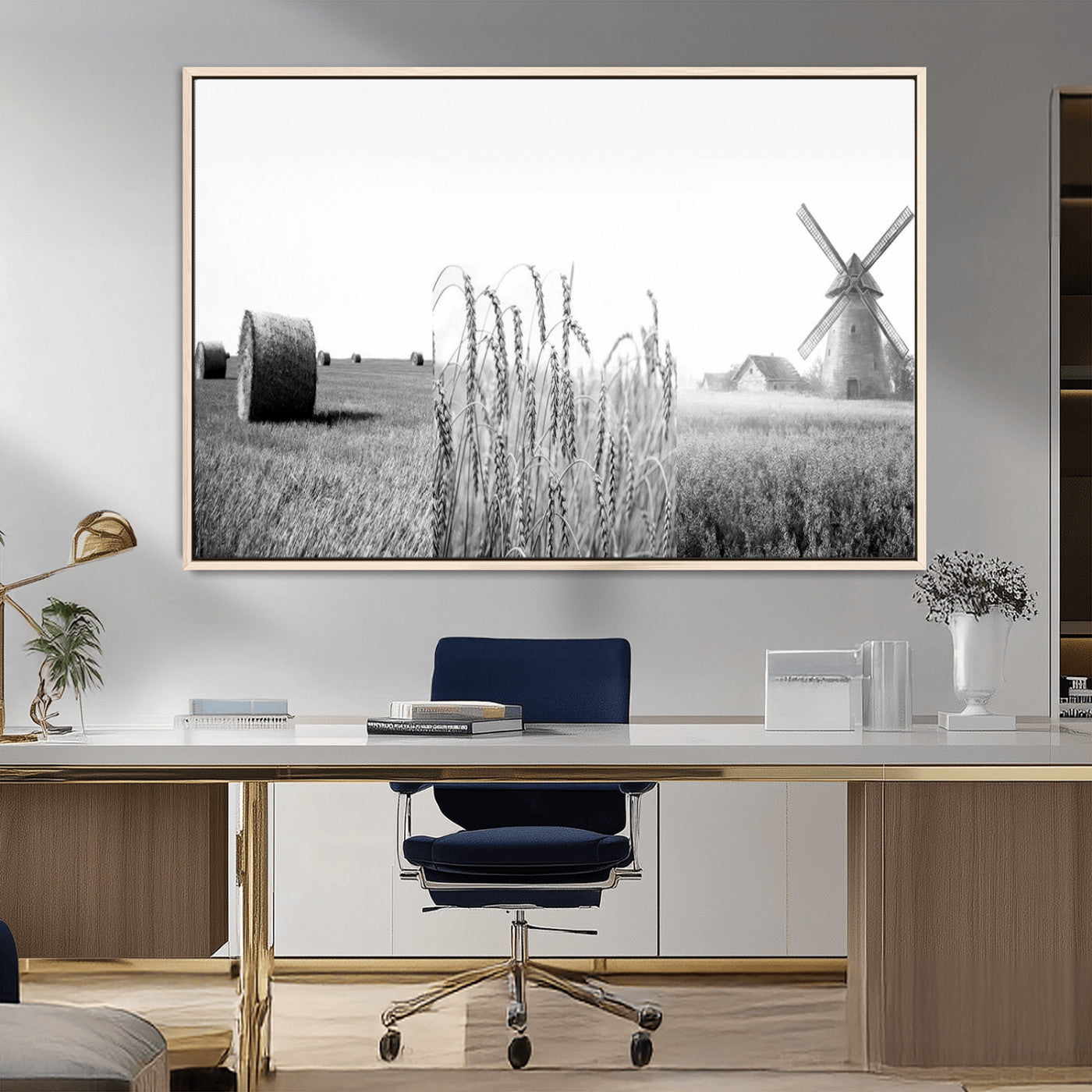 MGV-FC-36X24 - Vintage Farmhouse Black and White Triptych Wall Art – Giclee Canvas Featuring Wheat Fields, Hay