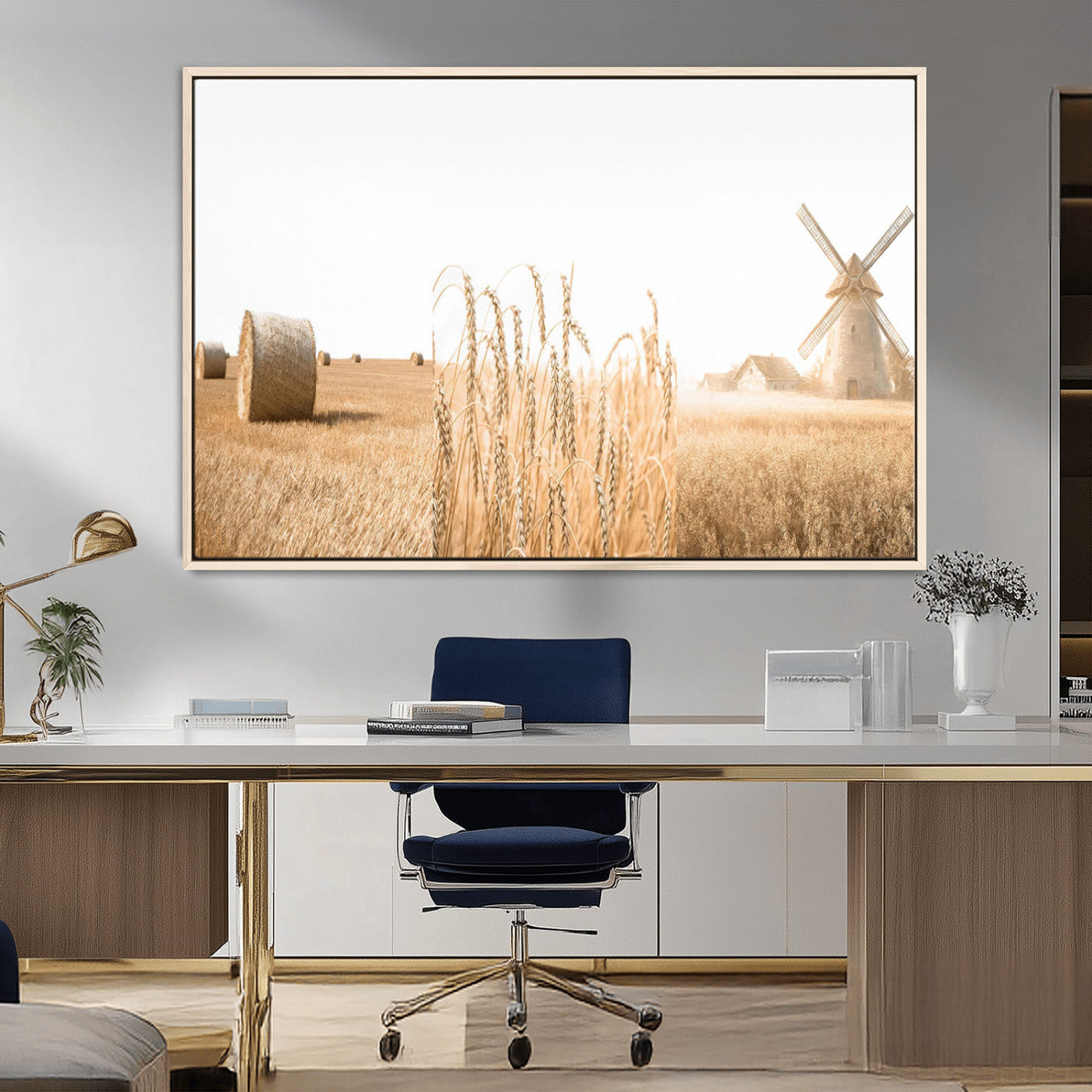 MGV-FC-36X24 - Vintage Farmhouse Triptych Wall Art – Giclée Canvas Featuring Wheat Fields, Hay Bales, and a