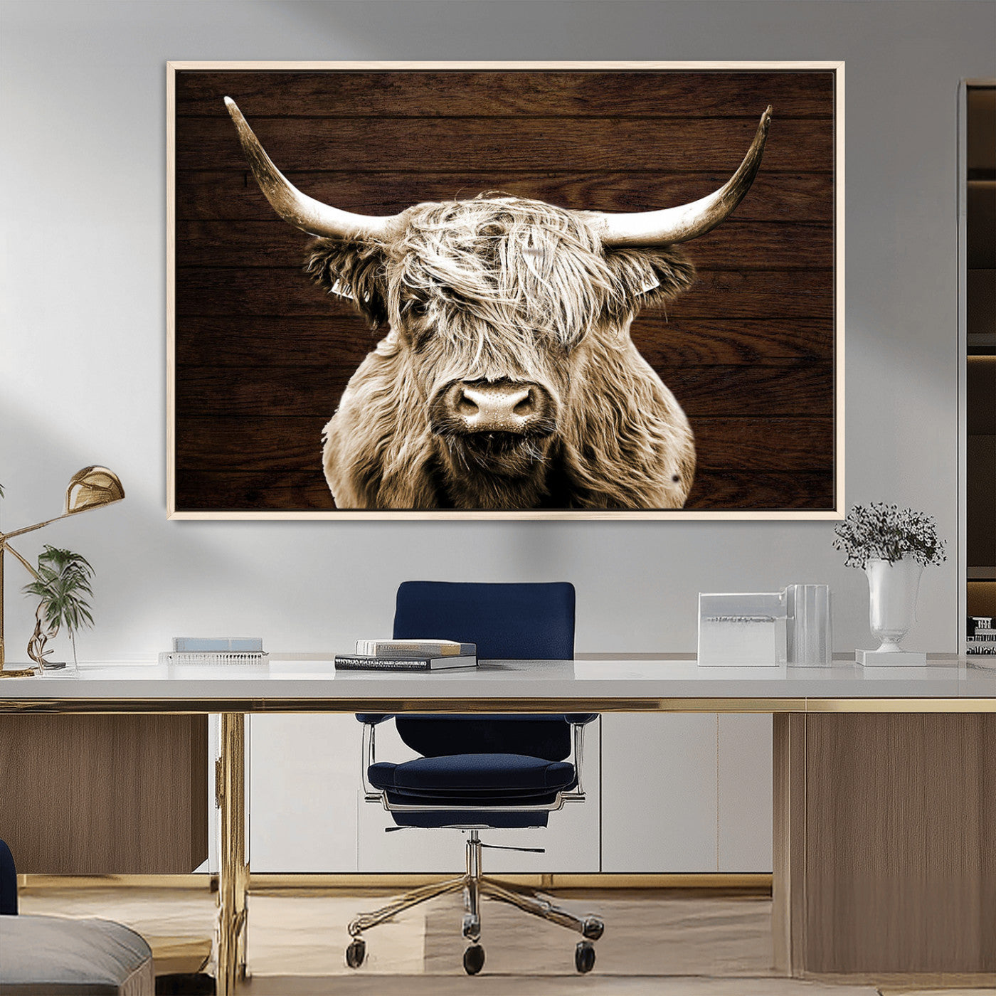 MGV-FC-36X24 - Highland Cow Wall Art Canvas Print, Rustic Farmhouse Decor, Majestic Scottish Highland Bull Portrait