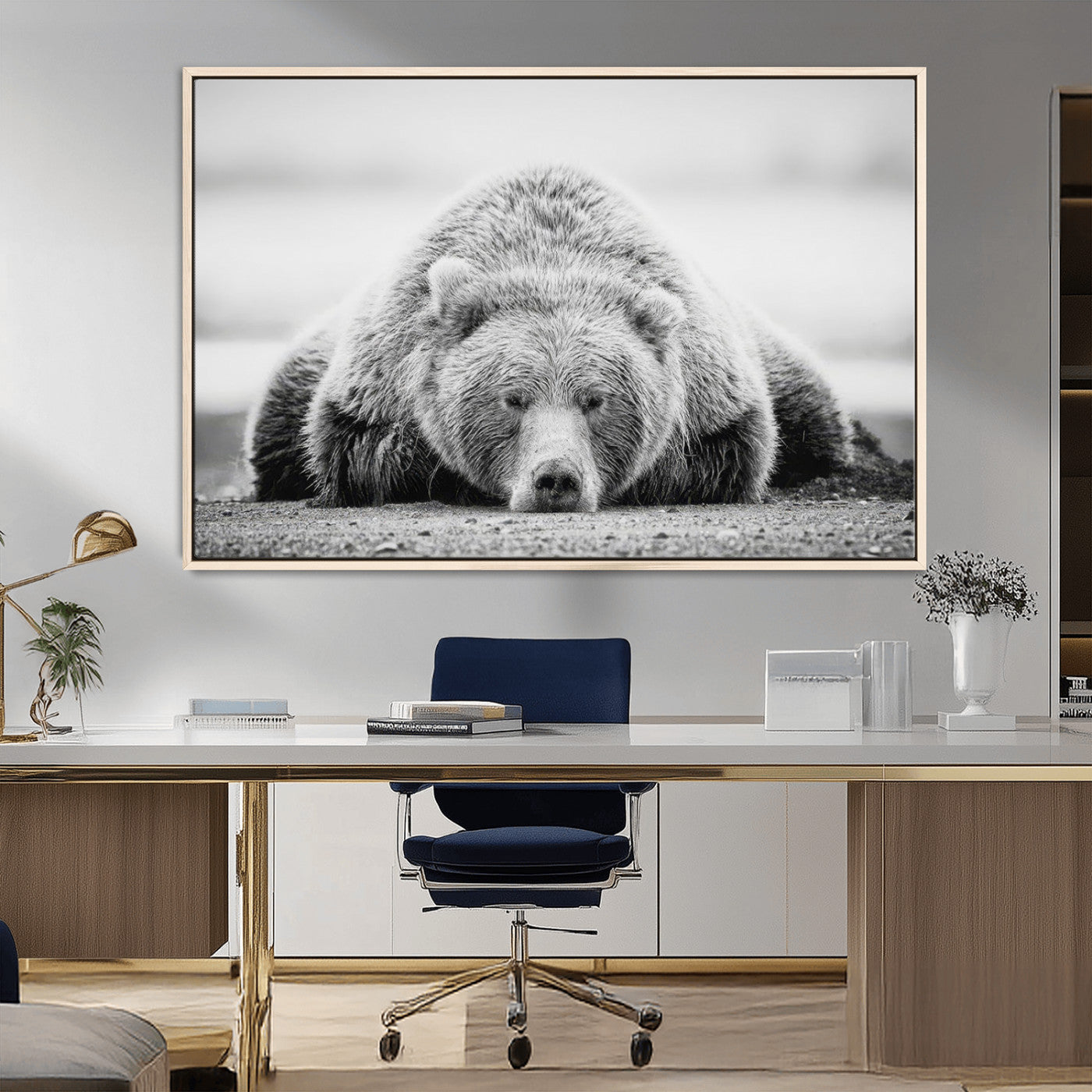 MGV-FC-36X24 - Resting Grizzly Bear Wall Art Canvas Print – Majestic Lazy Black and White Wildlife Bear Art,