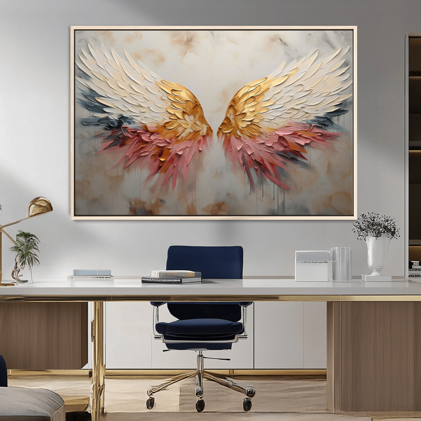 MGV-FC-36X24 - Golden Angel Wings Wall Art Canvas Print – Stunning Abstract Winged Art for Elegant Home Decor –