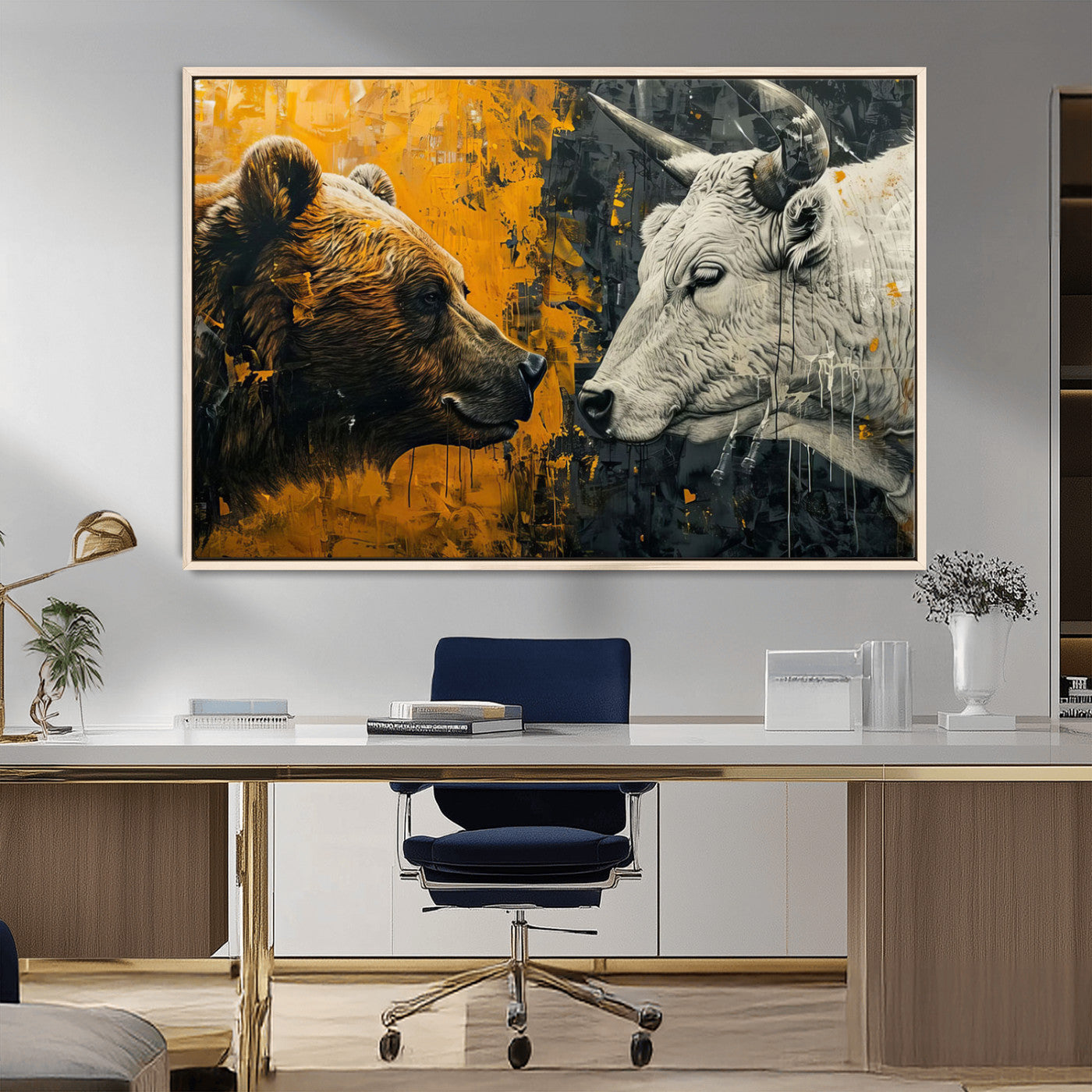 MGV-FC-36X24 - Bear and Bull Wall Art Canvas Print – Abstract Animal Portrait Painting for Modern Home Decor –