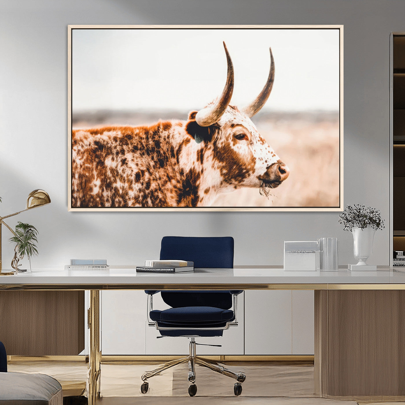 -Speckled Bull Wall Art Canvas Print – Rustic Cow Longhorn Farmhouse Animal Decor – Western Longhorn