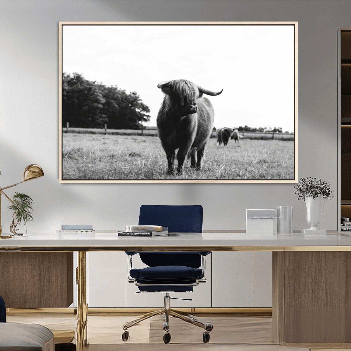 MGV-FC-36X24 - Black and White Highland Cow Wall Art Canvas Print | Rustic Western Decor for Living Room or Office,