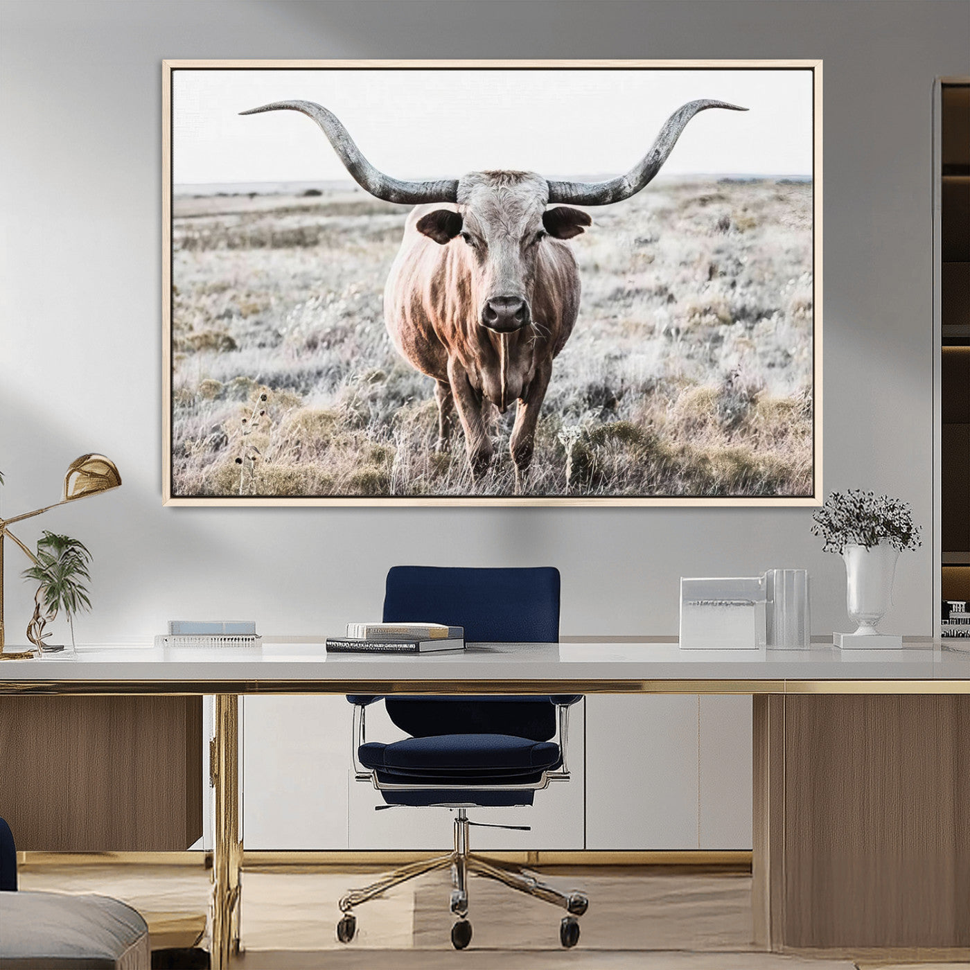 -Rustic Texas Longhorn Wall Art Canvas Print | Western Farmhouse Decor for Living Room or Office,