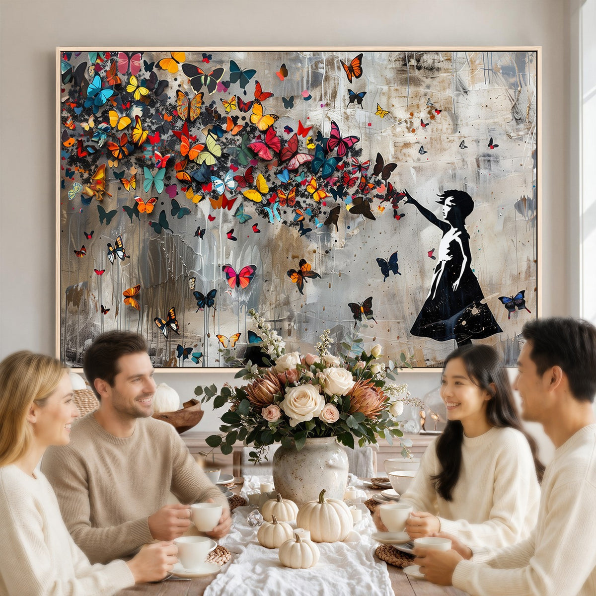 Banksy Wall Art, Banksy Girl and Butterfly Explosion Canvas Print | Extra Large 3 Piece Best Seller Wall Art