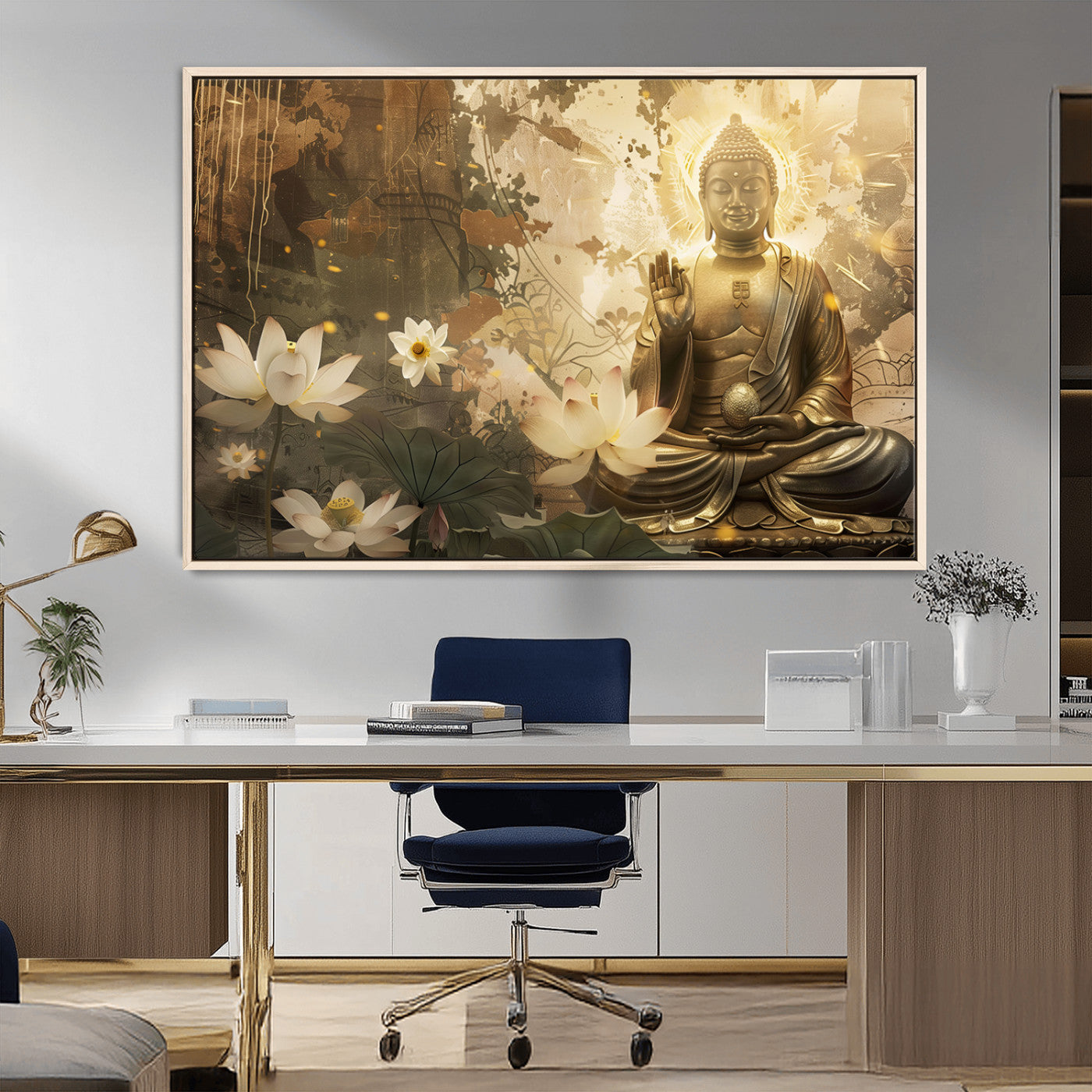 MGV-FC-36X24 - Zen Buddha Wall Art Canvas Print | Peaceful Meditation Decor with Lotus Flowers | Spiritual Serenity