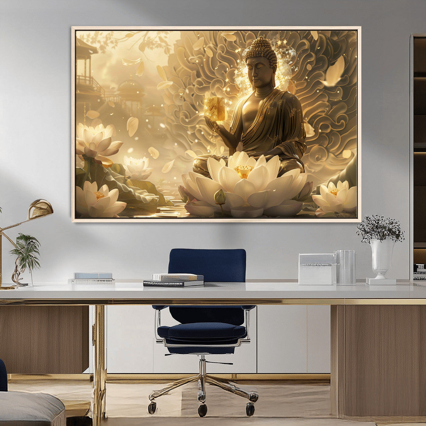 MGV-FC-36X24 - Golden Buddha Wall Art | Yoga Room Decor and Meditation Room Wall Art | Framed and Ready to Hang