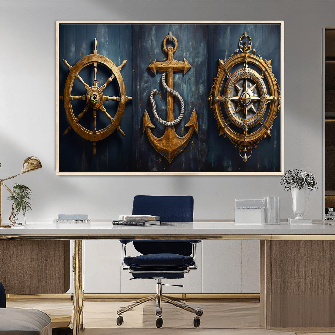 MGV-FC-36X24 - Boat Anchor Compass With Rope Wall Art Canvas Print | Beach House Wall Art