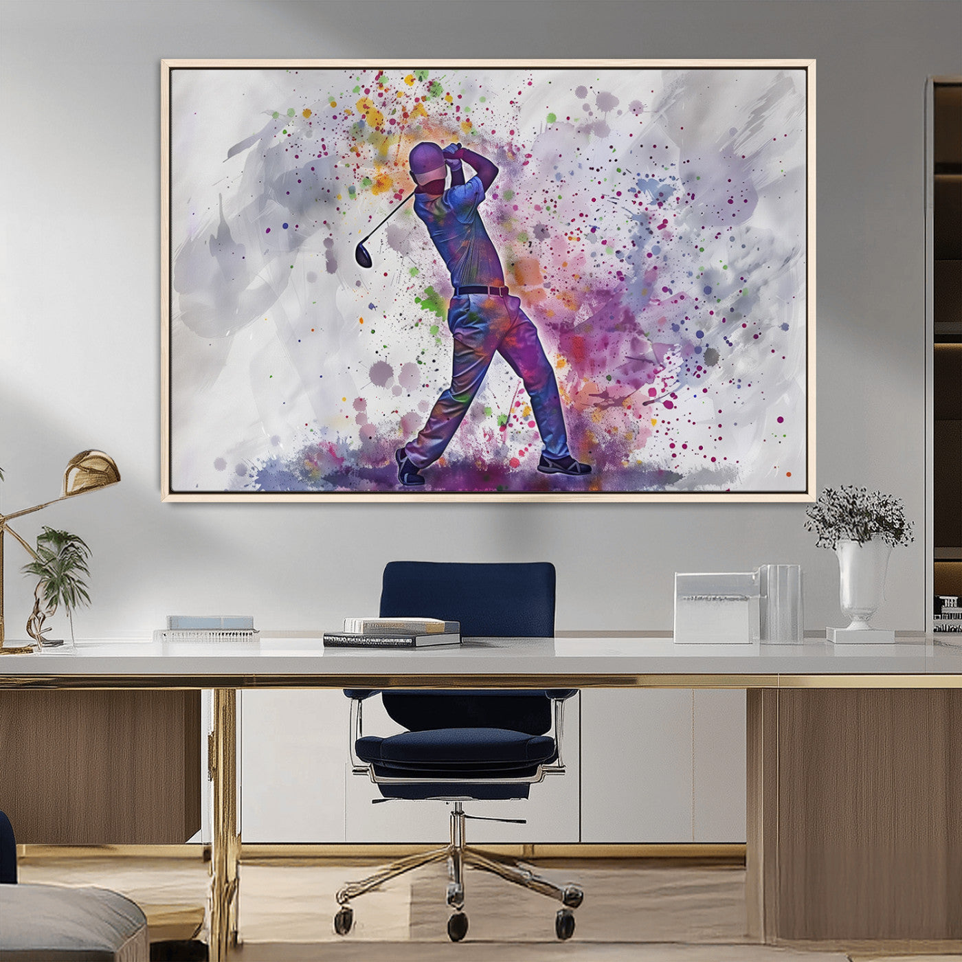 MGV-FC-36X24 - Watercolor Golf Swing Wall Art Canvas Print | Vibrant Abstract Golf Player Silhouette |
