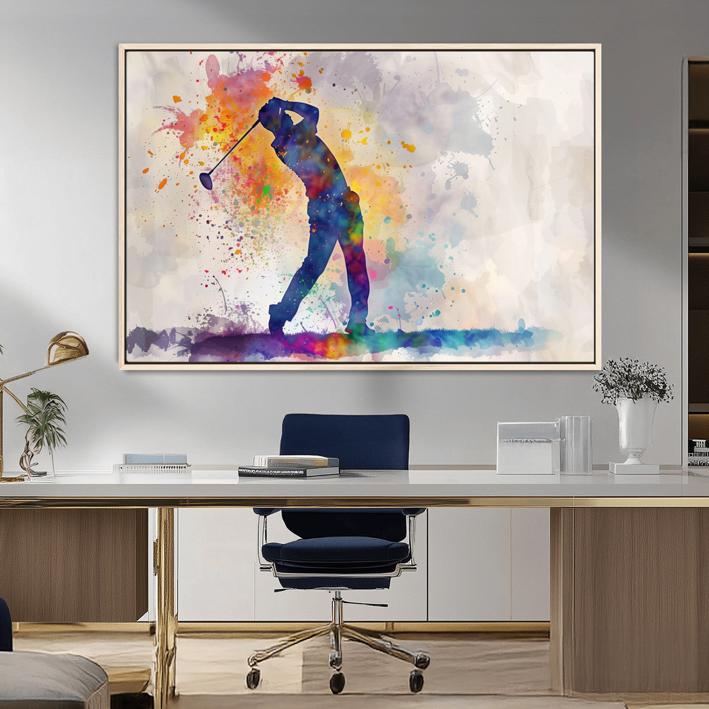 MGV-FC-36X24 - Watercolor Golf Swing Wall Art Canvas Print | Vibrant Abstract Golf Player Silhouette |