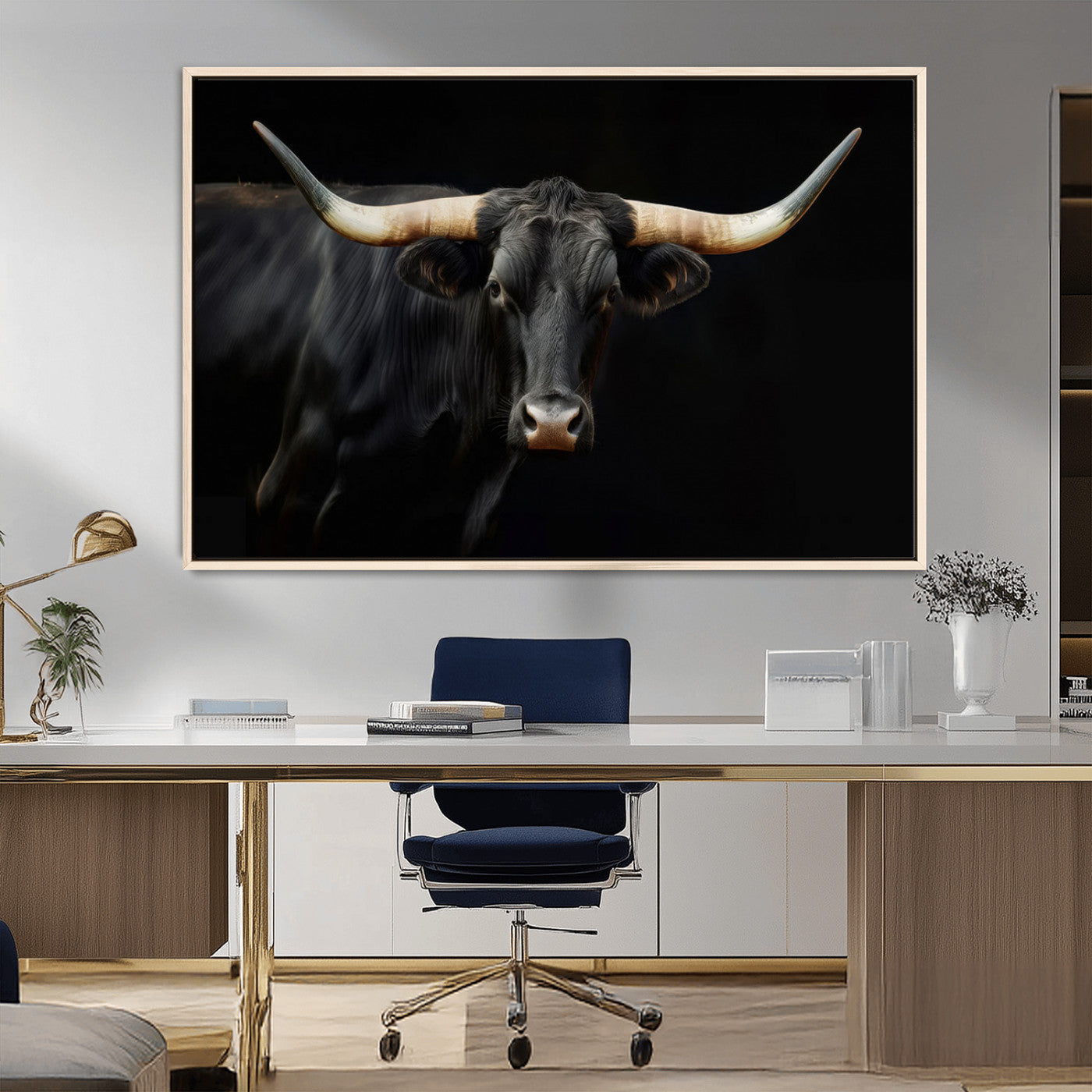 MGV-FC-36X24 - Texas Longhorn Cow | Majestic Black Bull Wall Art Canvas Print - Farmhouse Animal Decor - Ready to