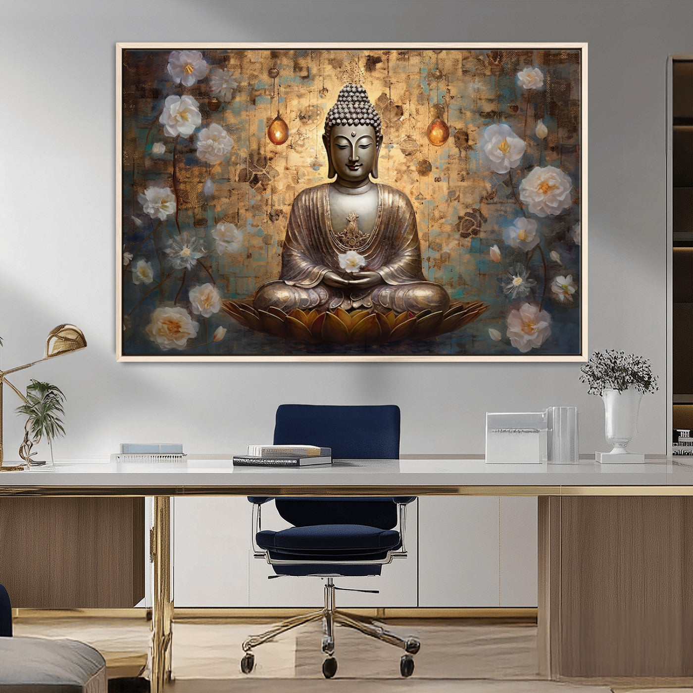 MGV-FC-36X24 - Golden Buddha Wall Art Canvas Print | Zen Meditation Floral Decor | Tranquil Spiritual Home Art |