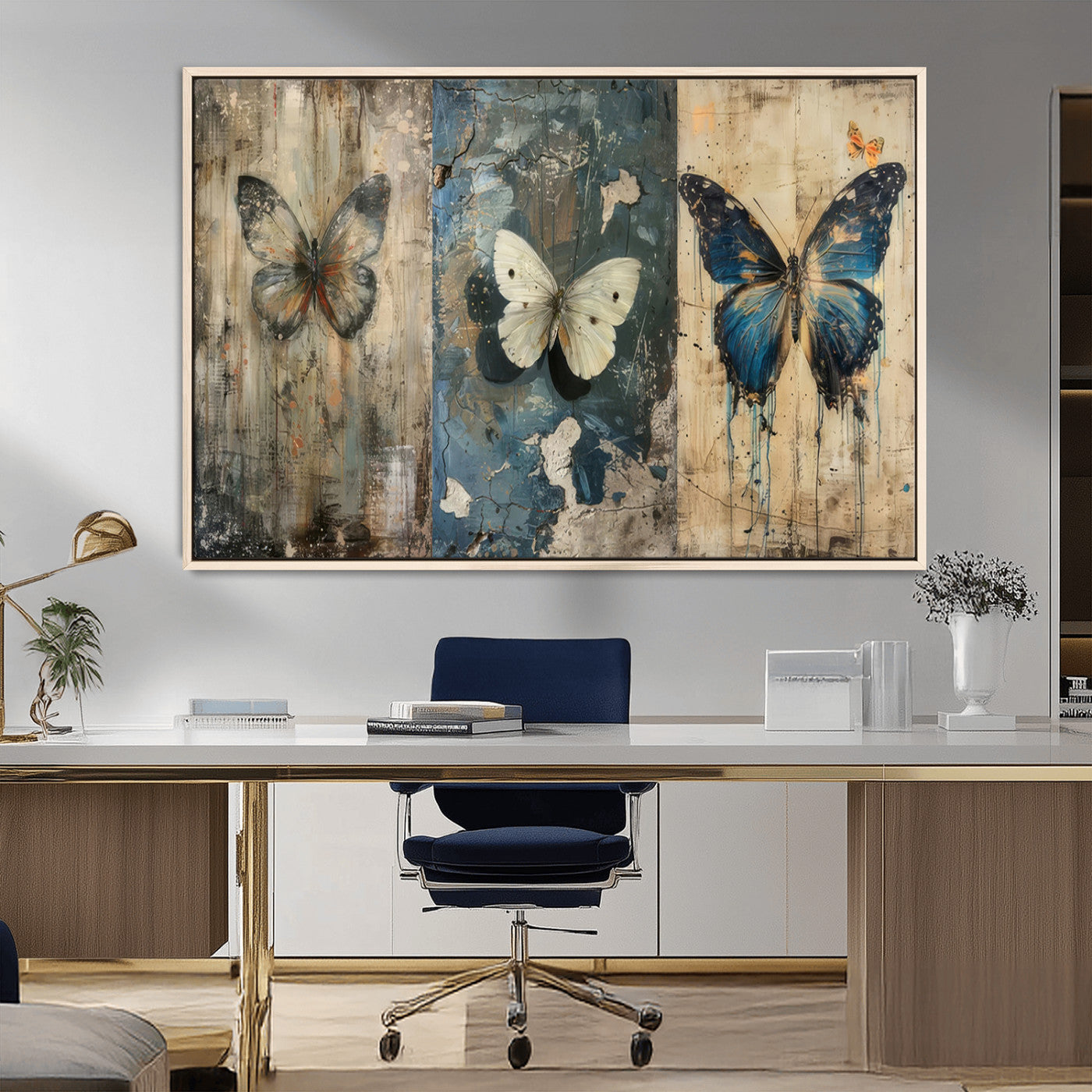 MGV-FC-36X24 - Butterfly Wall Art Trio | Vintage Butterfly Canvas Print | Ready to Hang Framed Artwork for