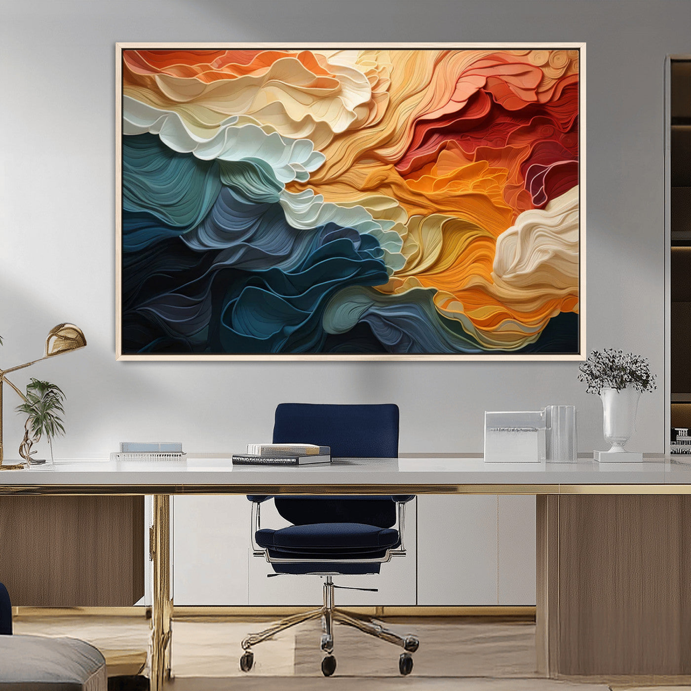 MGV-FC-36X24 - Blue Orange Abstract Wave Wall Art Canvas Print, Framed Blue Orange Wave Wall Art