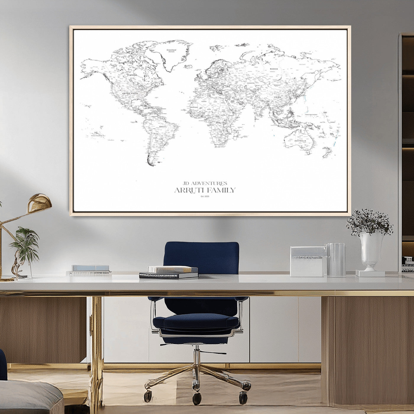MGV-FC-36X24 - Custom World Map Wall Art – Personalized Framed Canvas Print with Push Pins for Travel Tracking,