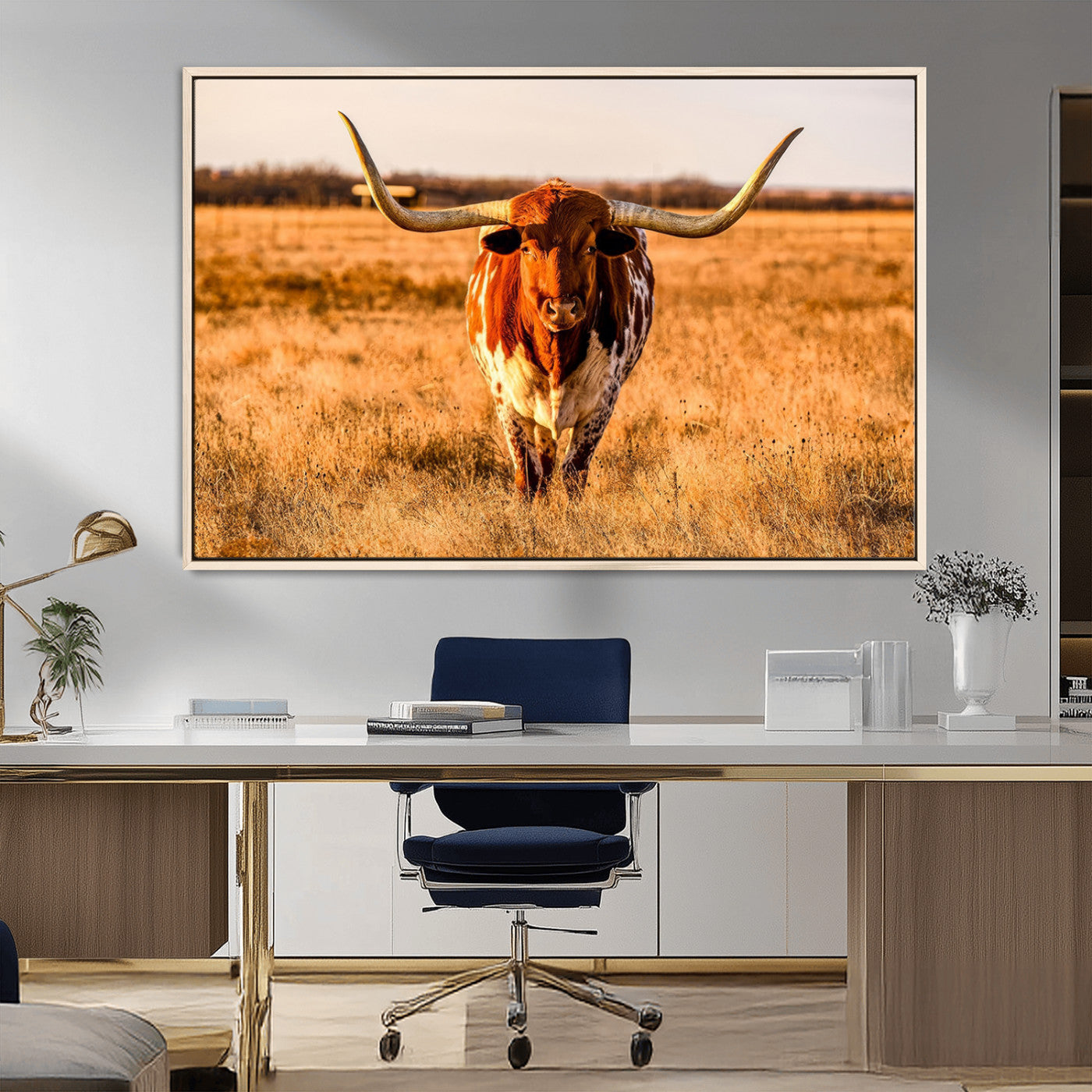 MGV-FC-36X24 - Longhorn Cow Wall Art | Ready to Hang Framed Canvas Print for Farmhouse and Barn Decor