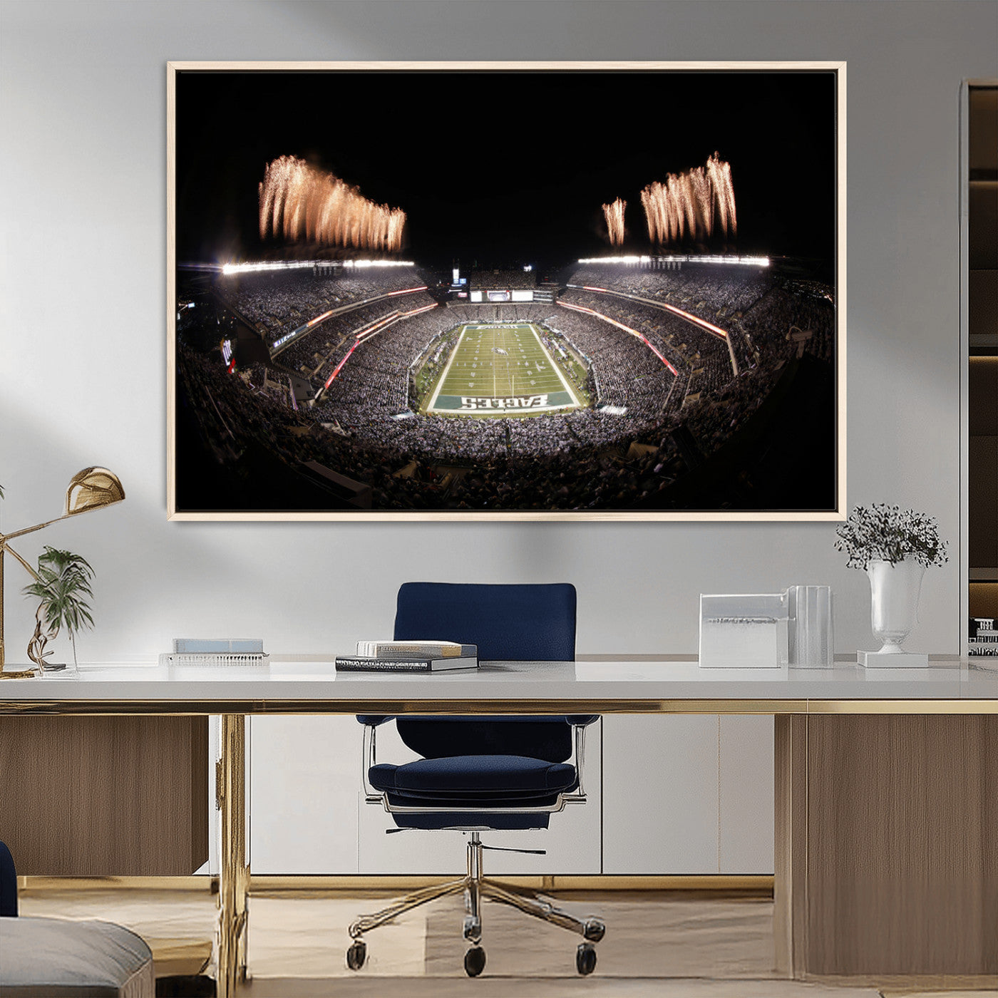 48893-MGV-FC-36X24_Natural-Eagles Field Stadium Wall Art - Lincoln Financial Field Fireworks Game Triple Canvas Wall Art -