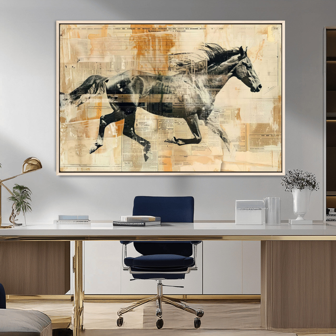 MGV-FC-36X24 - Chines Style Running Horse Western Wall Art | Farmhouse Wall Decor | Ready to Hang Framed Canvas