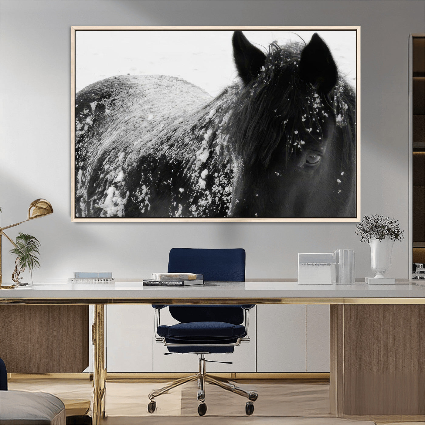 MGV-FC-36X24 - Black Horse in Snow Canvas Print | Winter Horse Wall Art | Ready to Hang and Framed | Farmhouse Wall