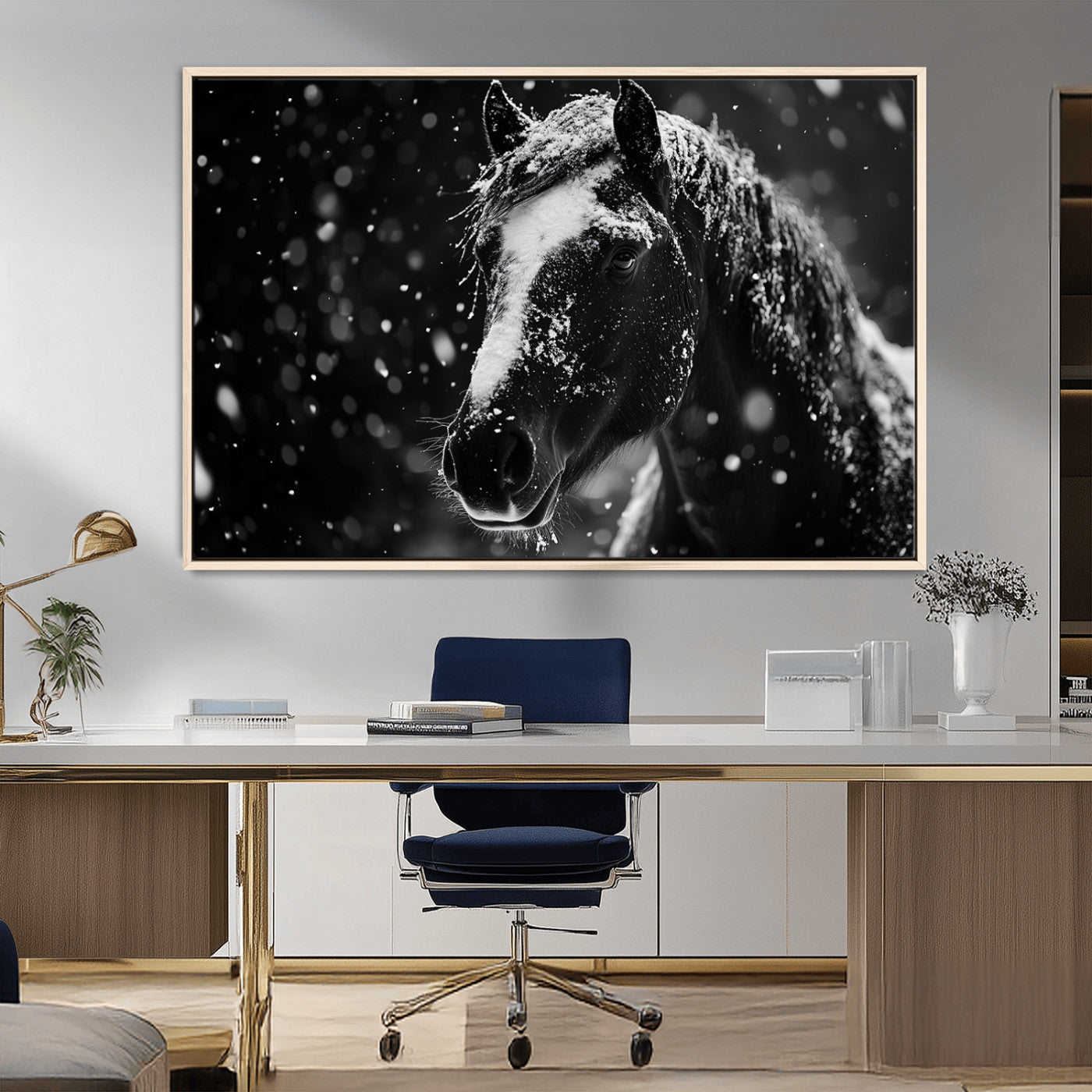 MGV-FC-36X24 - Winter Horse Wall Art | Black and White Horse Print | Ready to Hang and Framed | Farmhouse Wall Art