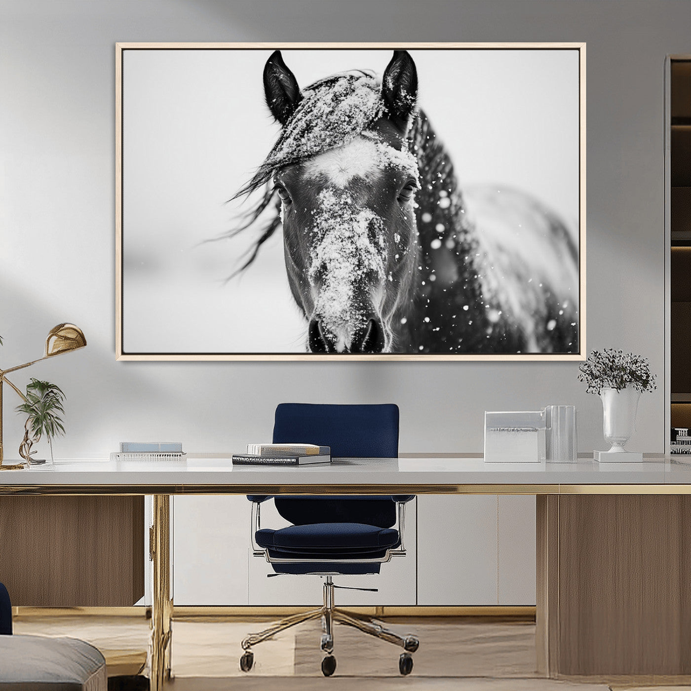 MGV-FC-36X24 - Western Wall Art | Black and White Winter Horse Wall Art | Ready to Hang and Framed | Farmhouse and