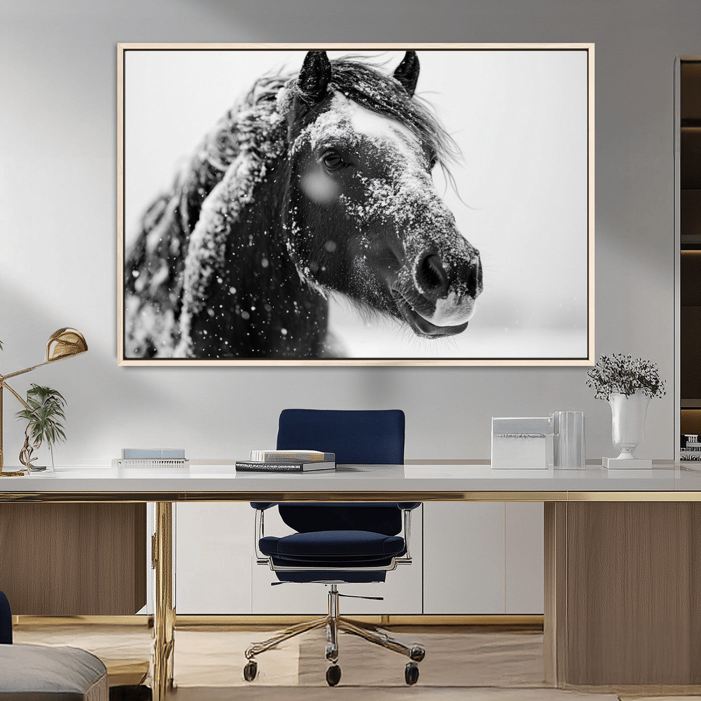 MGV-FC-36X24 - Winter Horse Canvas Print | Large 3-Panel Black White Equine Photography for Rustic Farmhouse Wall