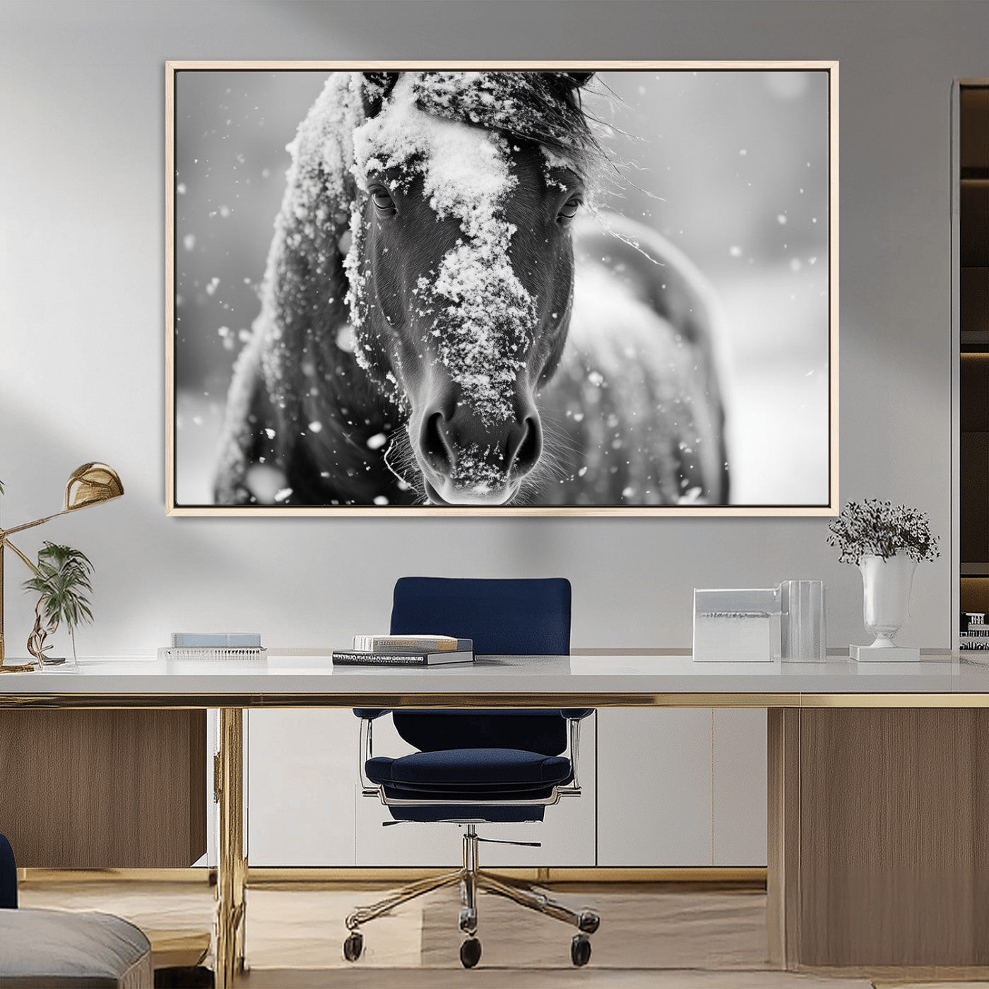 MGV-FC-36X24 - Black and White Horse Winter Wall Art | Ready to Hang and Framed | Farmhouse Wall Decor | Western